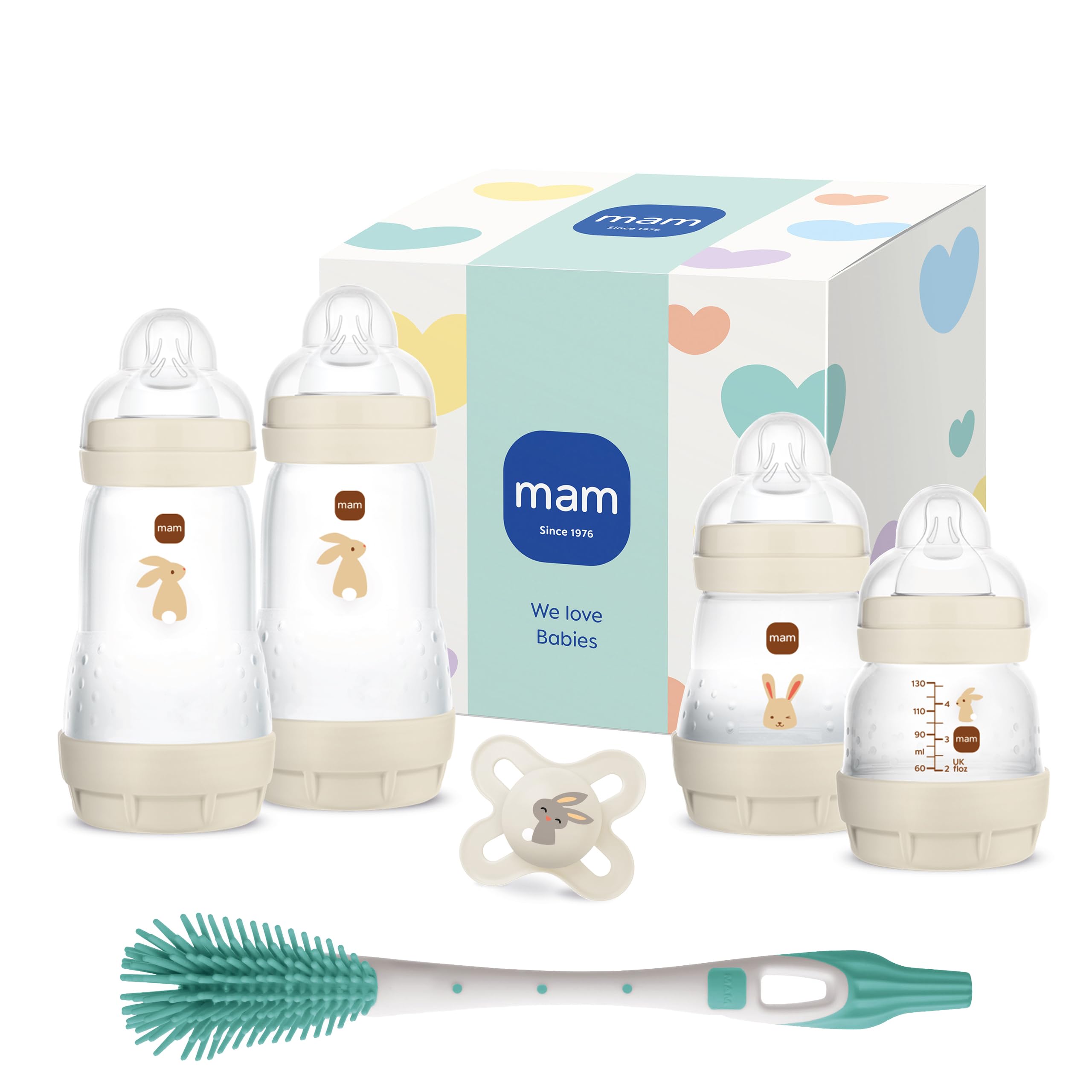 MAM Easy Start Anti-Colic Neugeborenen-Set | 0+ Mon | Babyflaschen-Set | 94% Akzeptanz & 96% Hebammen-Empfehlung | 80% weniger Koliken | 4 Trinkflaschen, 1 Original Schnuller & 1 Soft Brush | beige