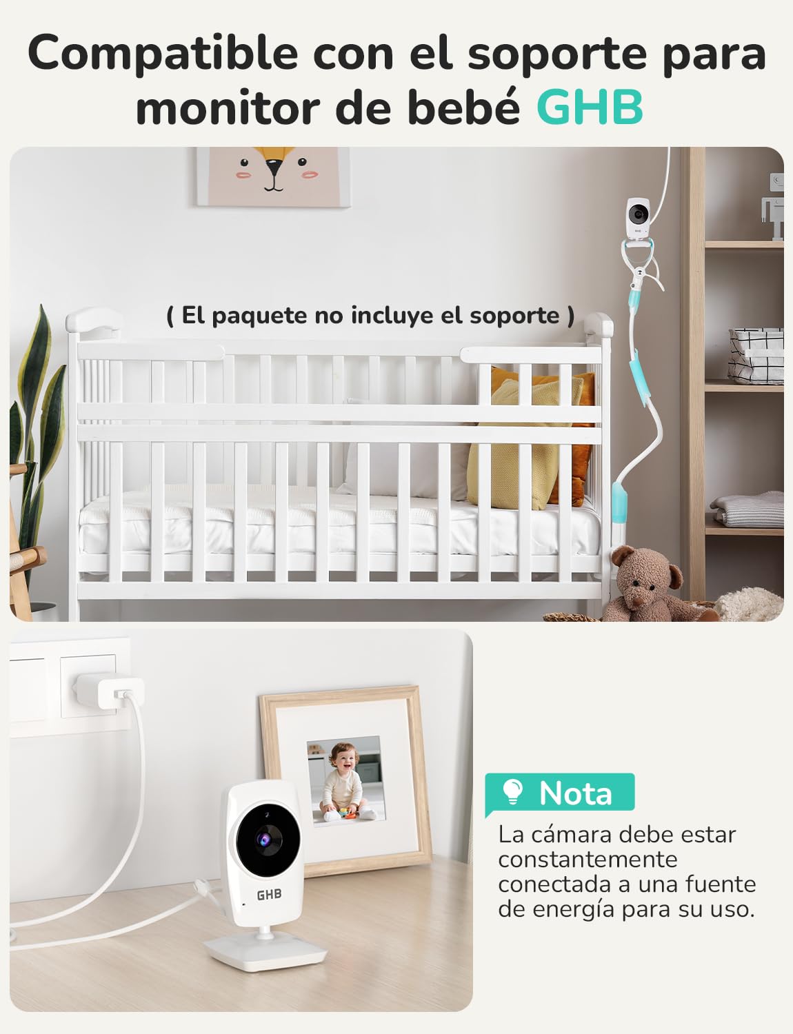 GHB Camara Vigilancia Bebe Vigilabebes con Camara con Pantalla 3.2" HD de 2100mAh Recargable VOX, Visión Nocturna, Despertador, Conversación Bidireccional Escucha Bebes
