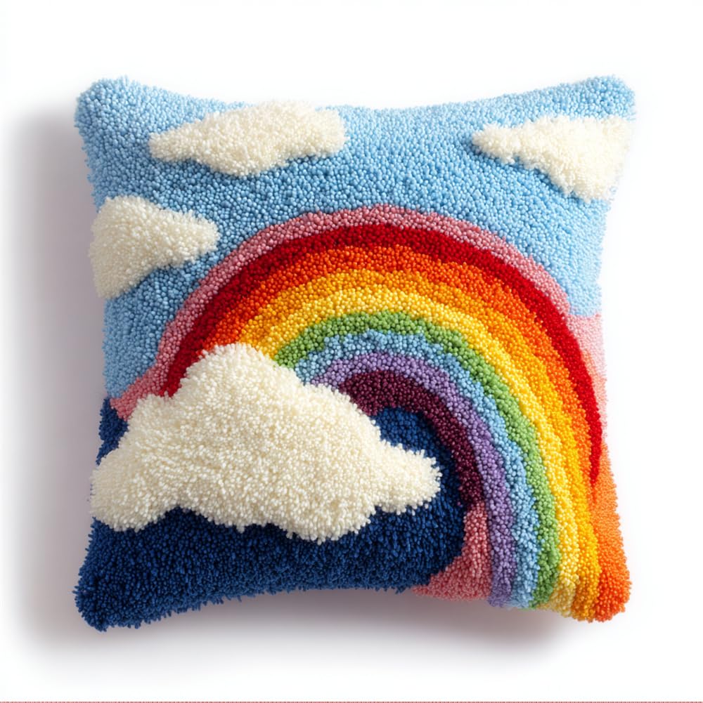 Latch Hook Pillowcase Embroidery Kit,Rainbow And White Cloud Latch Hook Cushion Cover For Adults And Beginners, 17X17 Inch Embroidery Kits 43X43Cm,Diy Needlework Pillow Cover Cushion Rug Mak