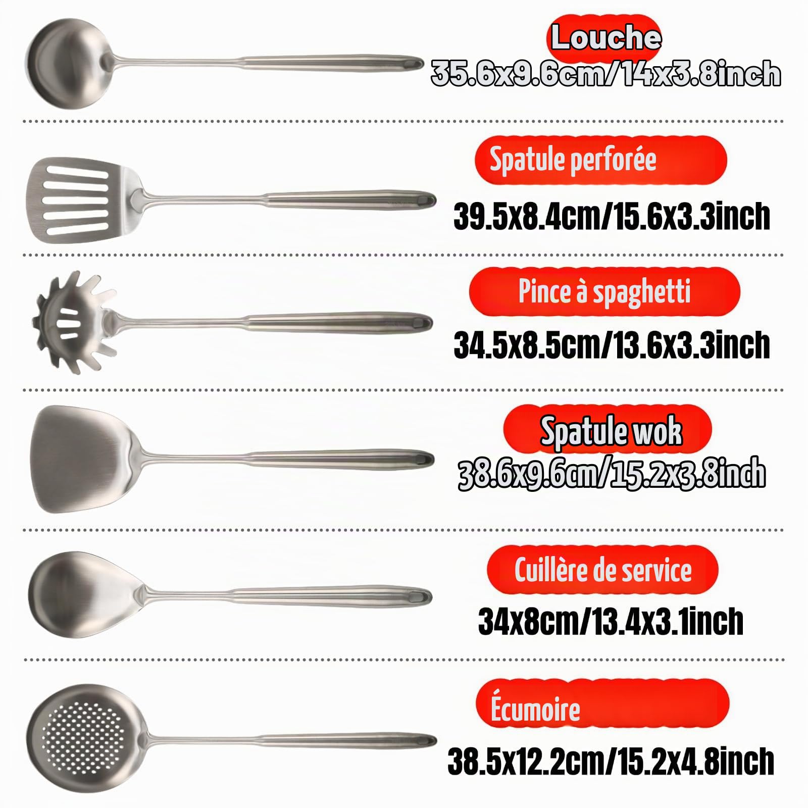 Set of 6 Stainless Steel Kitchen Utensils Spatula Ladle Spoon | Professional Dishwasher Handle Stainless Steel Kitchen Utensils, Long Anti-Burning for Wok Cast Iron Frying Pan Non-Stick
