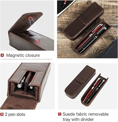 Vista 179 de Top Grain - Estuche organizador de cuero genuino para 12 bolígrafos y lápices, diseño minimalista sólido, hecho a mano, cierre magnético con cajón