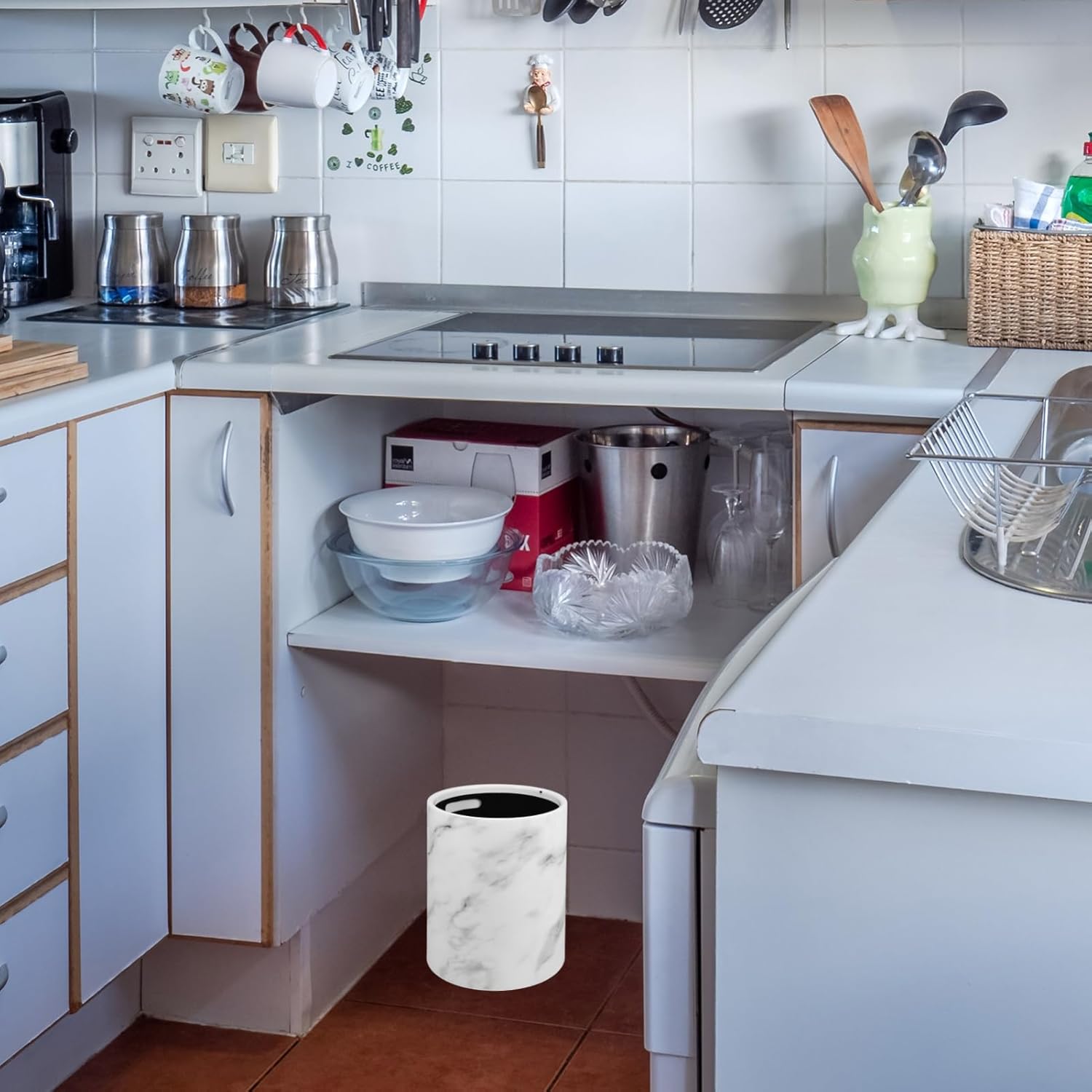 Luxshiny Marble Pattern Trash Can Lidless Wastebasket for Bedroom Living Room Kitchen Stylish Waste Bin for Tissues Crumbs and Trash Modern Chic Design