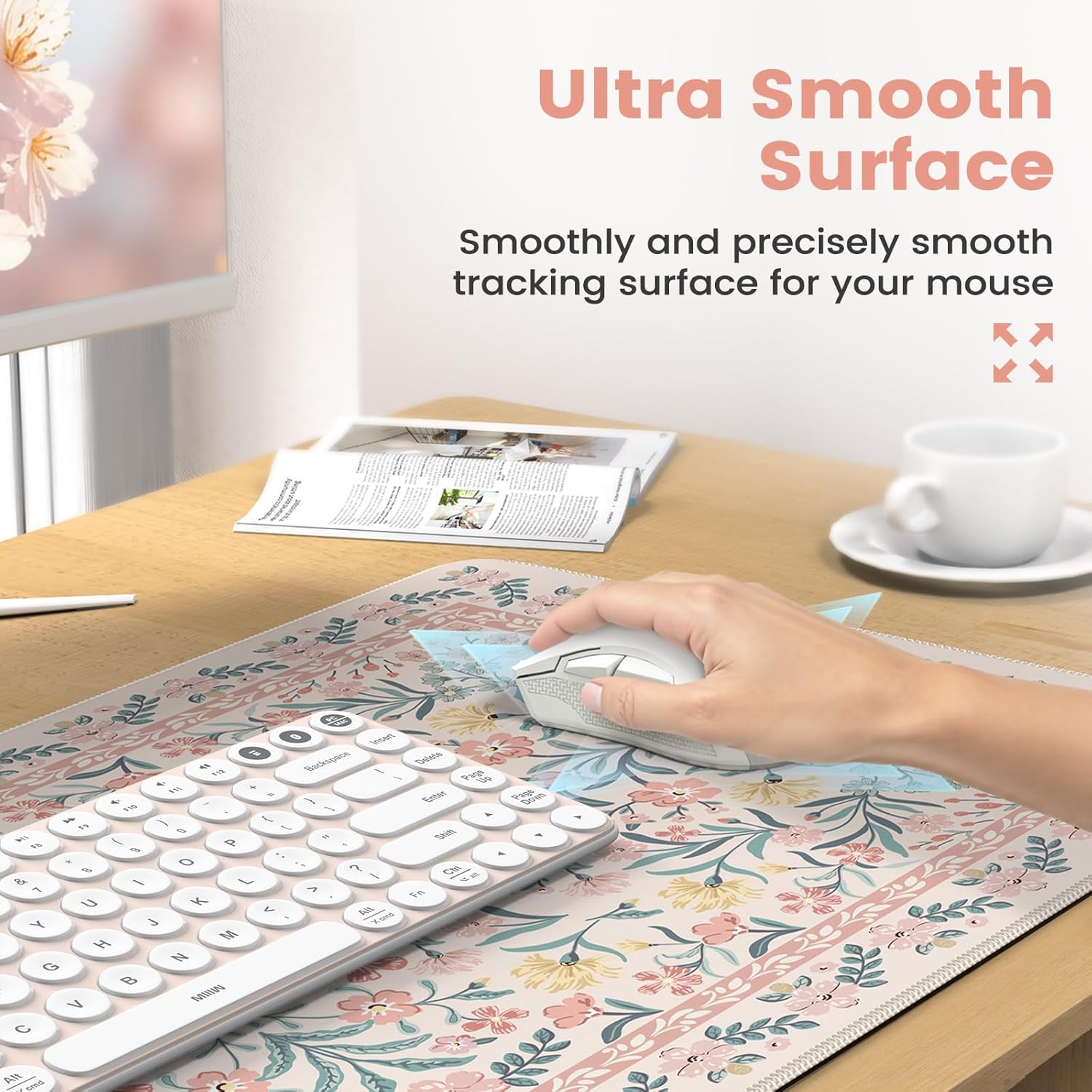 iCasso Desk Pad Mat, Large Mouse Pad and Keyboard Wrist Rest Set, Desk Protector Mat,4in1 Ergonomic Carpal Tunnel Keyboard Pad with Wrist Support for Desktop Cover Home Office Computer(Pink Flowers)