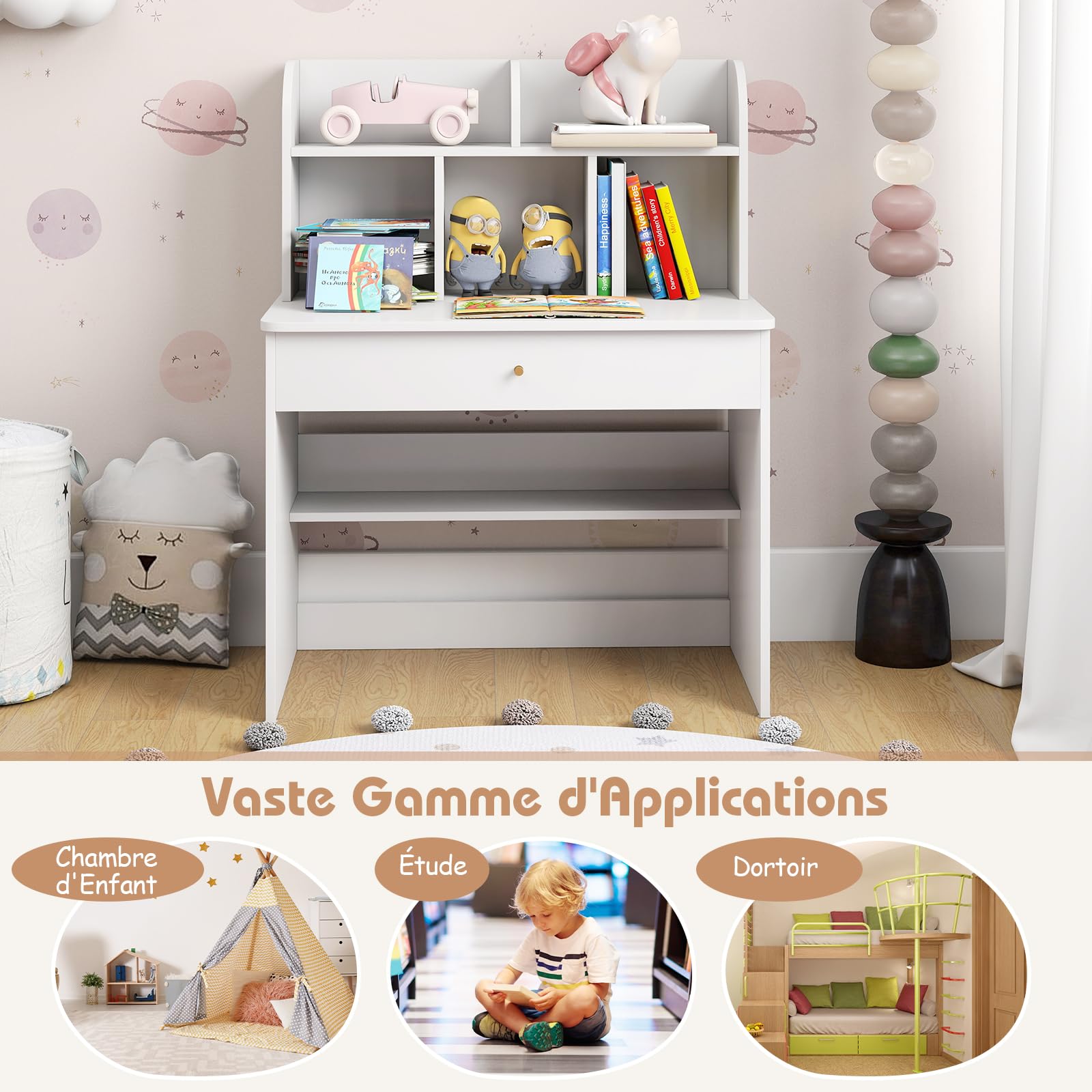 RELAX4LIFE Scrivania per Bambini con Spazio di Stoccaggio, Tavolo da Scrittura in Legno con Cassetto e Ripiano Aperto, Postazione di Lavoro per Studenti a Domicilio per Bambini 3+ (Bianco)