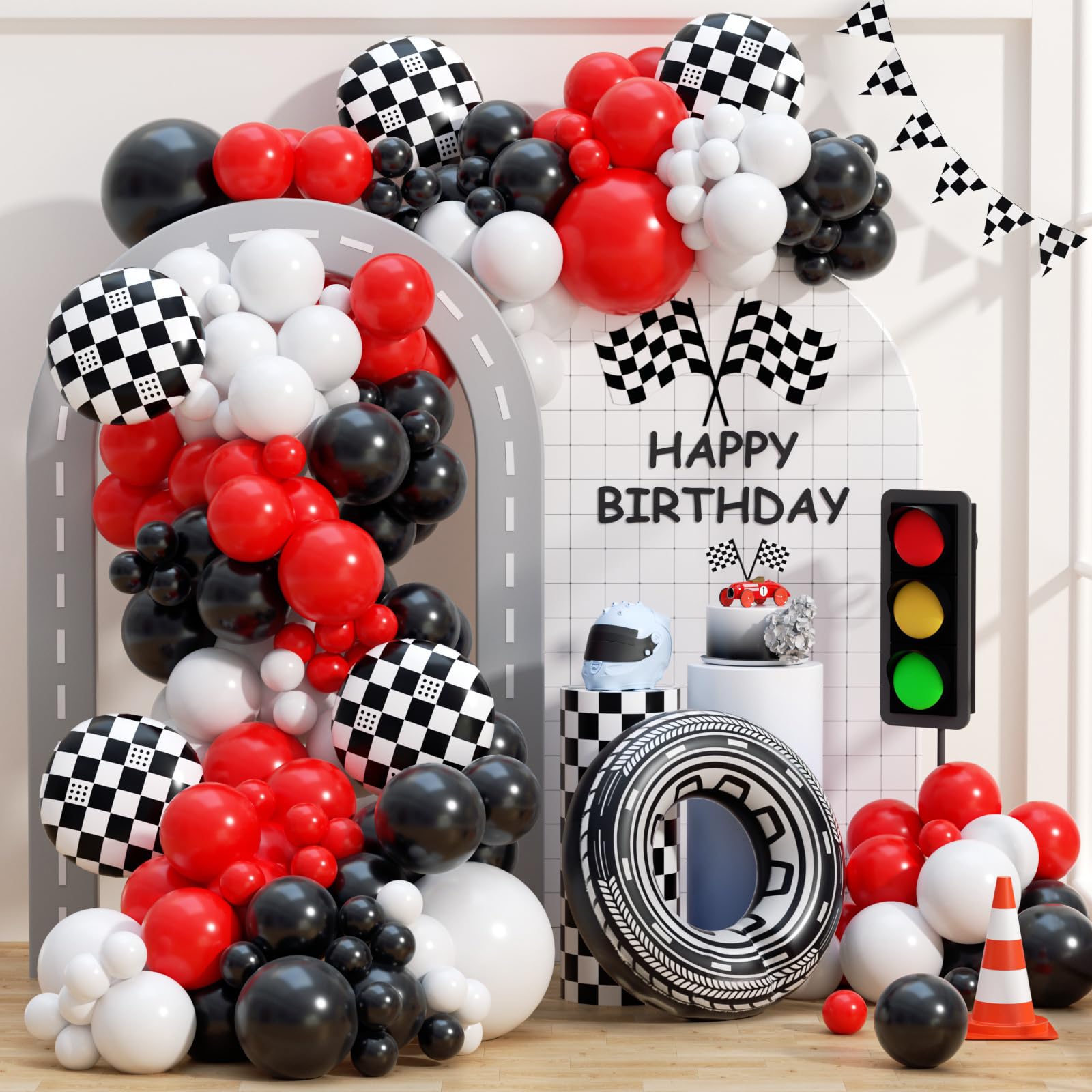 Photo 1 of 132pcs Race Car Balloon Garland Arch Kit, Black Checkered Wheel Tire Balloons Red Black White Latex Balloon for Race Car Two Fast Baby Shower Birthday Party Decorations