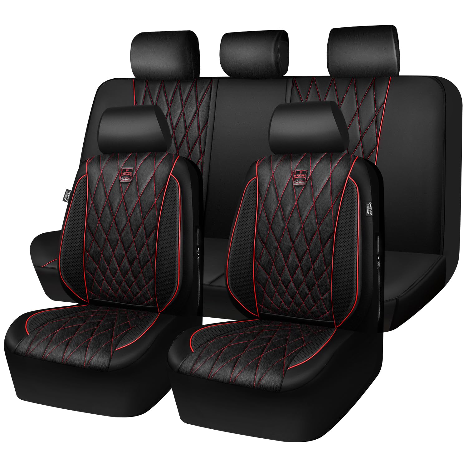 CAR PASS Piping Luxury Leather Seat Covers Full Set,5 Seats Anti-Slip Waterproof Seat Covers Compatible with Front Armrests,Universal Fit for Sendan