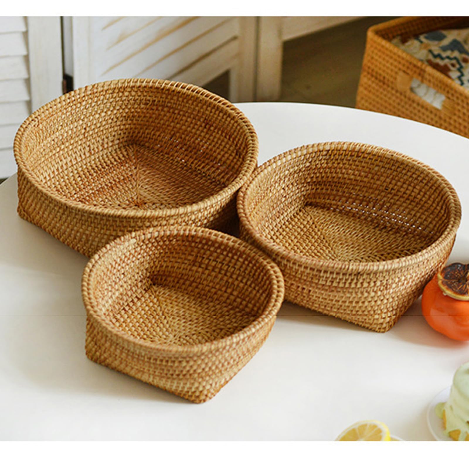 Set di cestini in Rattan Intrecciato a Mano 3 Pezzi da Soggiorno Scaffale da Cucina Organizzazione Cestini per la conservazione del Pane per Cibo da Picnic,Marrone