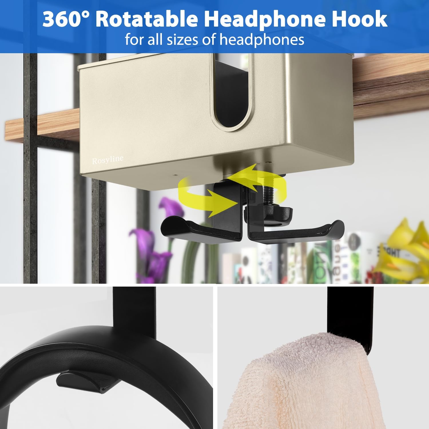 ROSLINE 3-in-1 Clip-on Desk Organizer - Pen, Headphone, and Cup Holder for Expanding Office and Gaming Space (Champagne) - Image 3