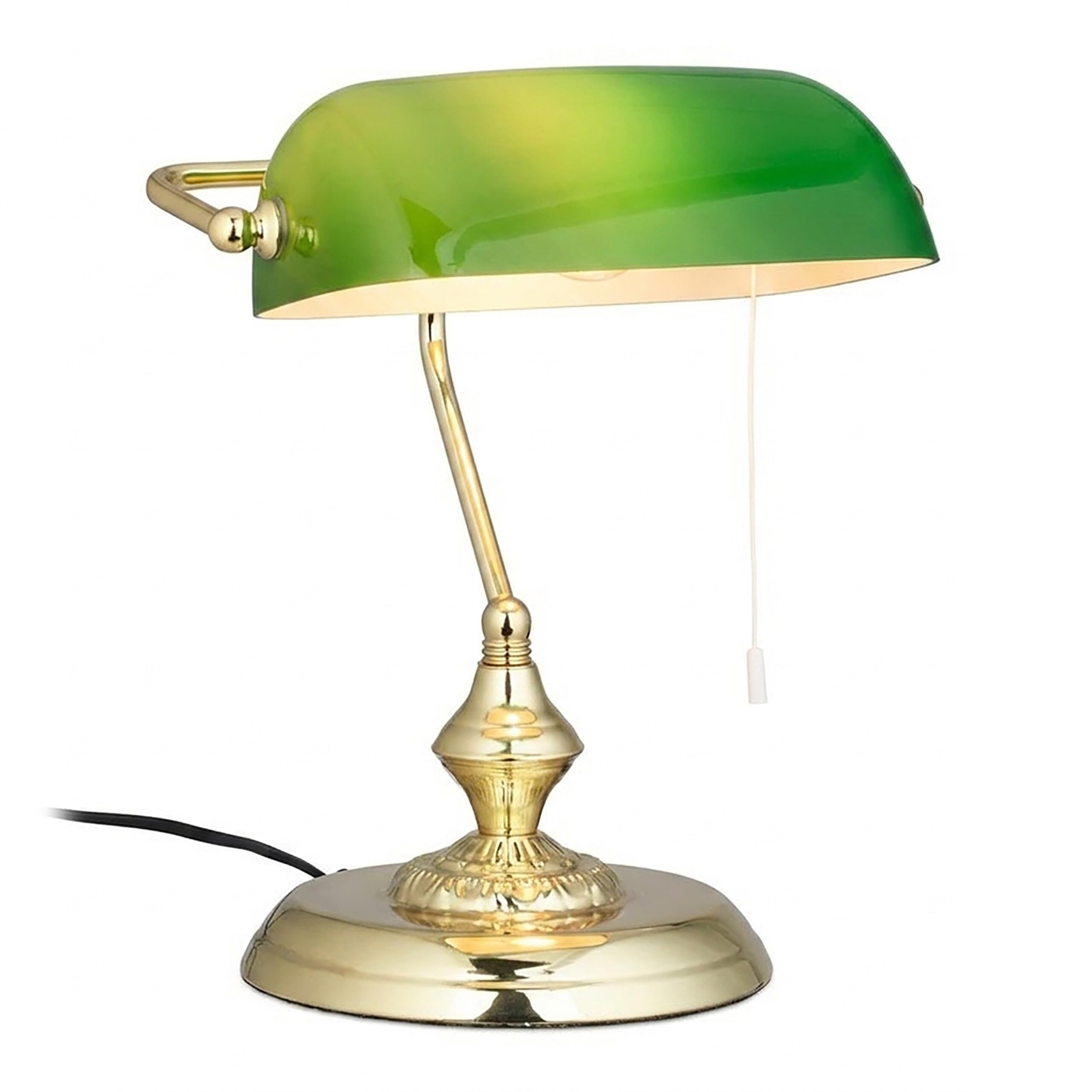 Relaxdays Bankerlampe mit Zugschalter, grüner Schirm, runder Sockel, Vintage Design, Glas, HBT: 31x22,5x18,5cm, Messing, Grün
