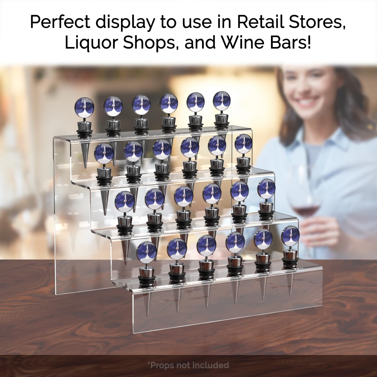 Marketing Holders Wine Stoppers Wine Bottle Topper Display Stand Multi Level 24 Slot Rack with .75 Inch Wide Holes Liquor Pourer Clear Acrylic Staircase Riser Retail Countertop Showcase