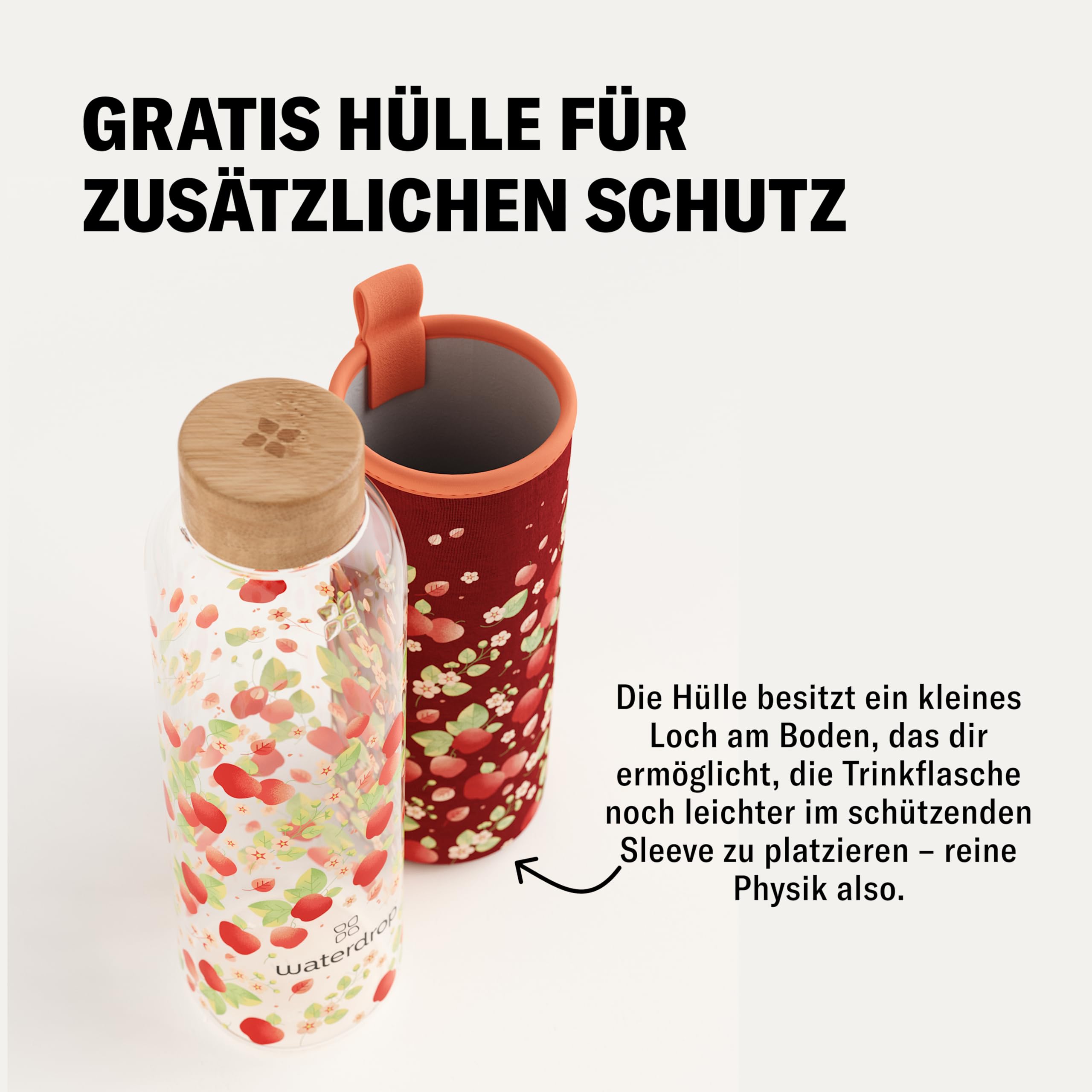 waterdrop® Flasche aus Glas 600ml - Trinkflasche Kohlensäure geeignet & spülmaschinenfest - auslaufsichere Wasserflasche mit Neoprenhülle - Borosilikat Glasflasche mit Schraubverschluss