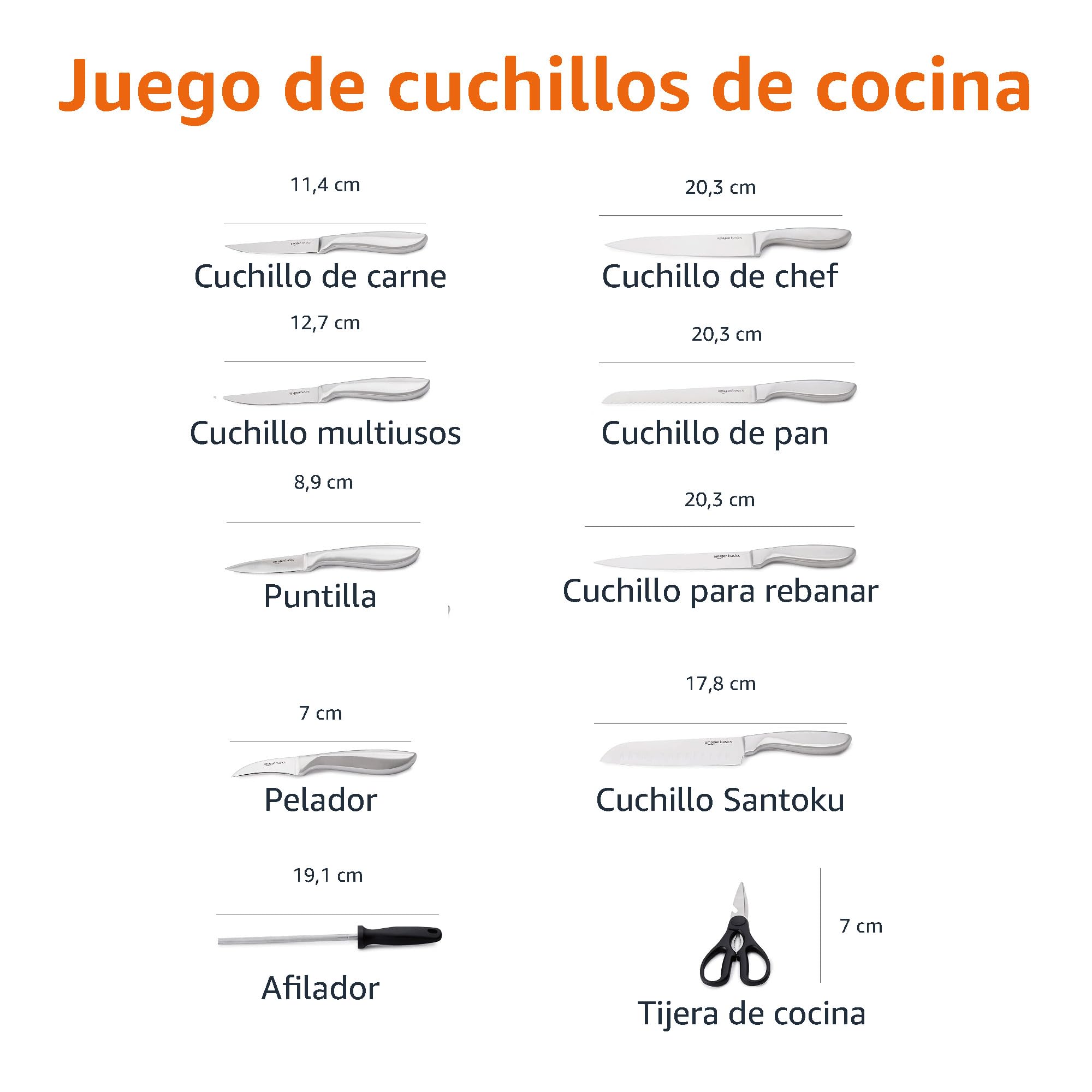 Amazon Basics Cuchillos de acero inoxidable con mango cómodo y bloque de almacenamiento, 18 Unidad, Paquete de 1, Negro