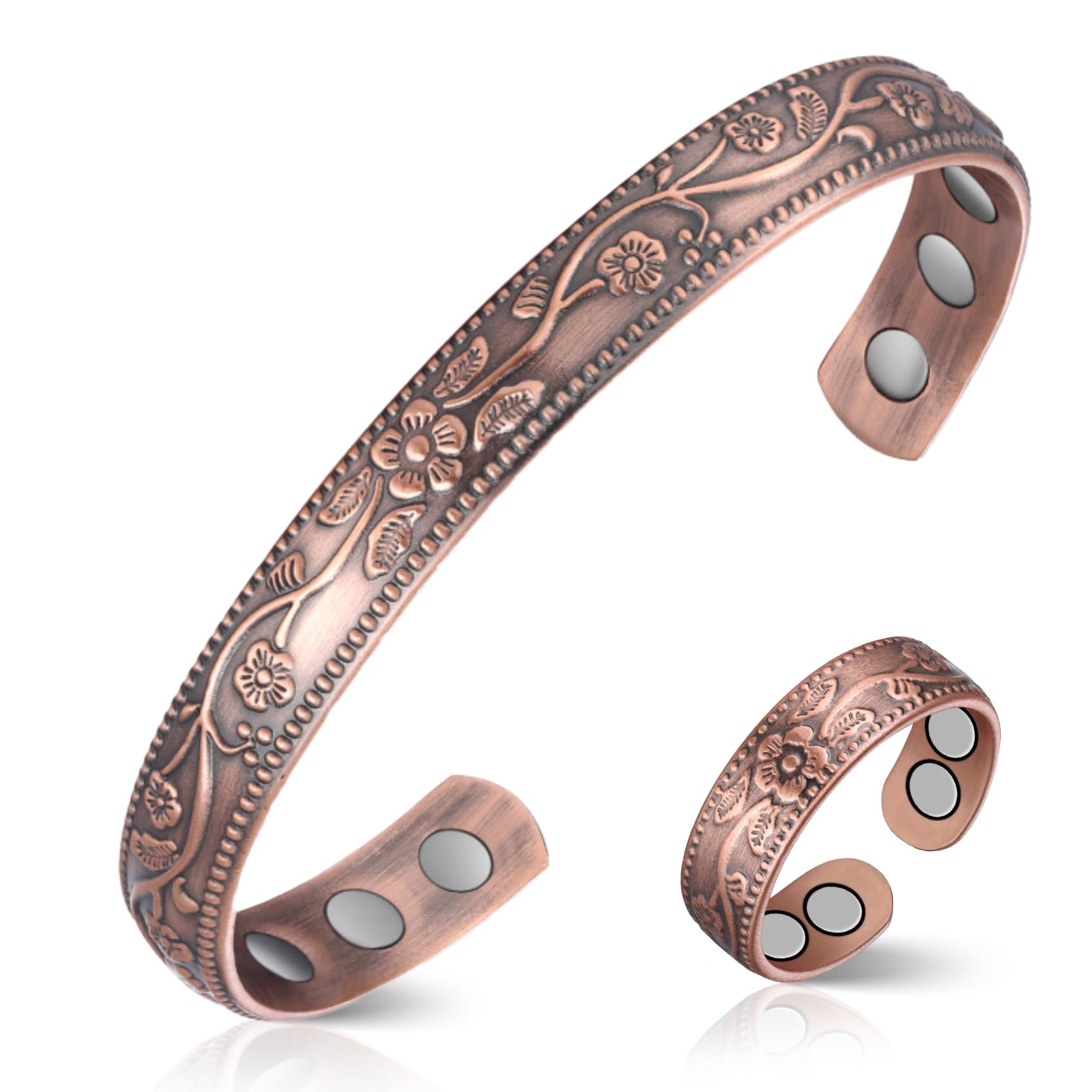 Feraco Copper Bracelet & Lymphatic Drainage Rings for Women, Vintage Flower Magnetic Cuff Bangle, 99.99% Pure Copper with Neodymium Magnets, Adjustable with Gift Box