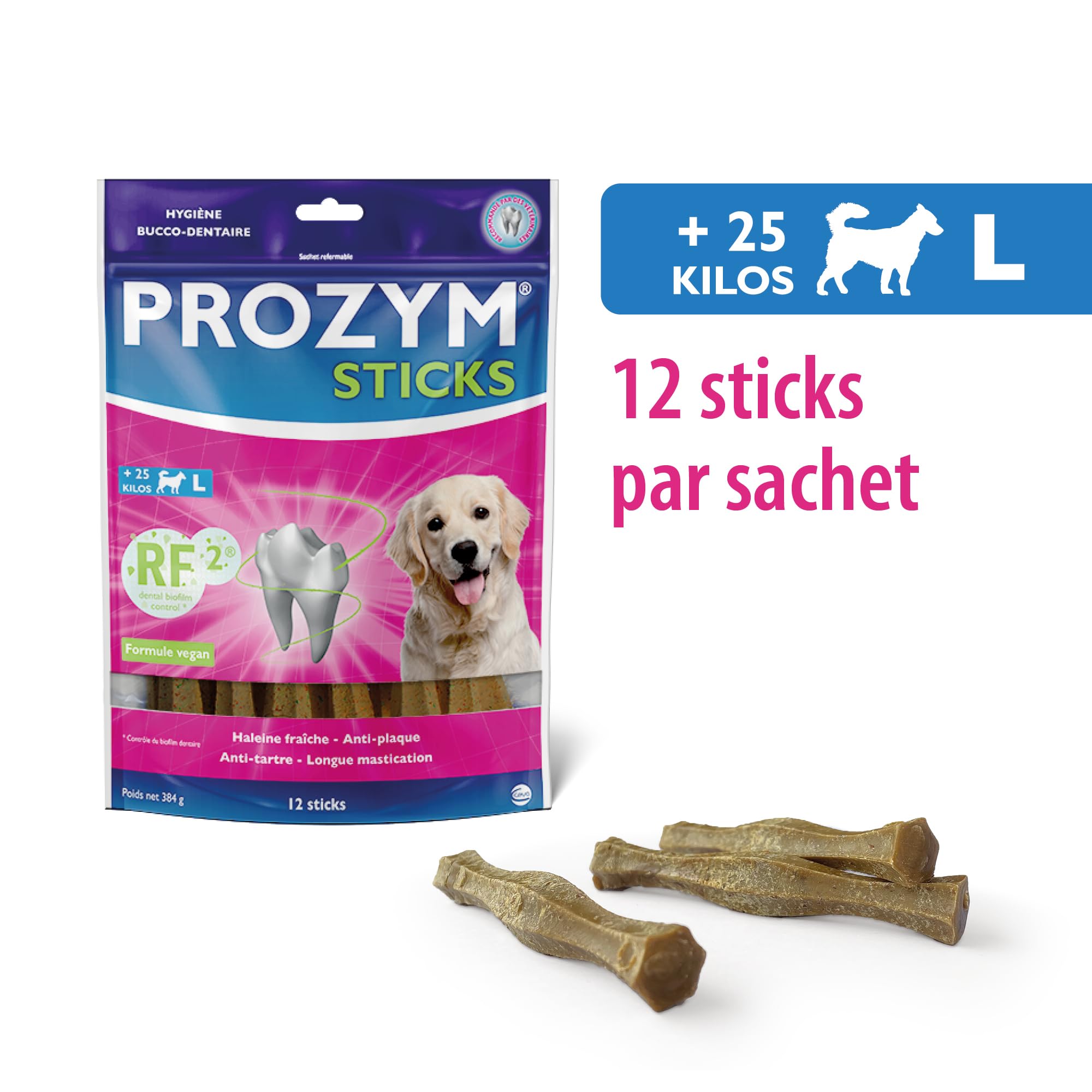 PROZYM RF2 Sticks x12 - Spéciale Hygiène Dentaire Naturelle - Recommandé par des Vétérianire - Formule Vegan pour Chien +25kg (Lot de 2)