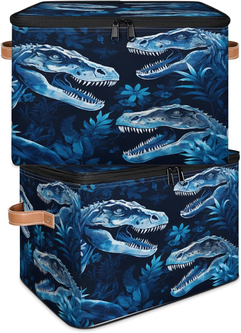 Storage Bin Set of 2 Dinosaur Forest Storage Basket with Zipper Lid & Handle Foldable Closet Shelf 2 Pack Cloth Organizer Basket Cube Bins Clothes Organizer for Bedroom, Nursery