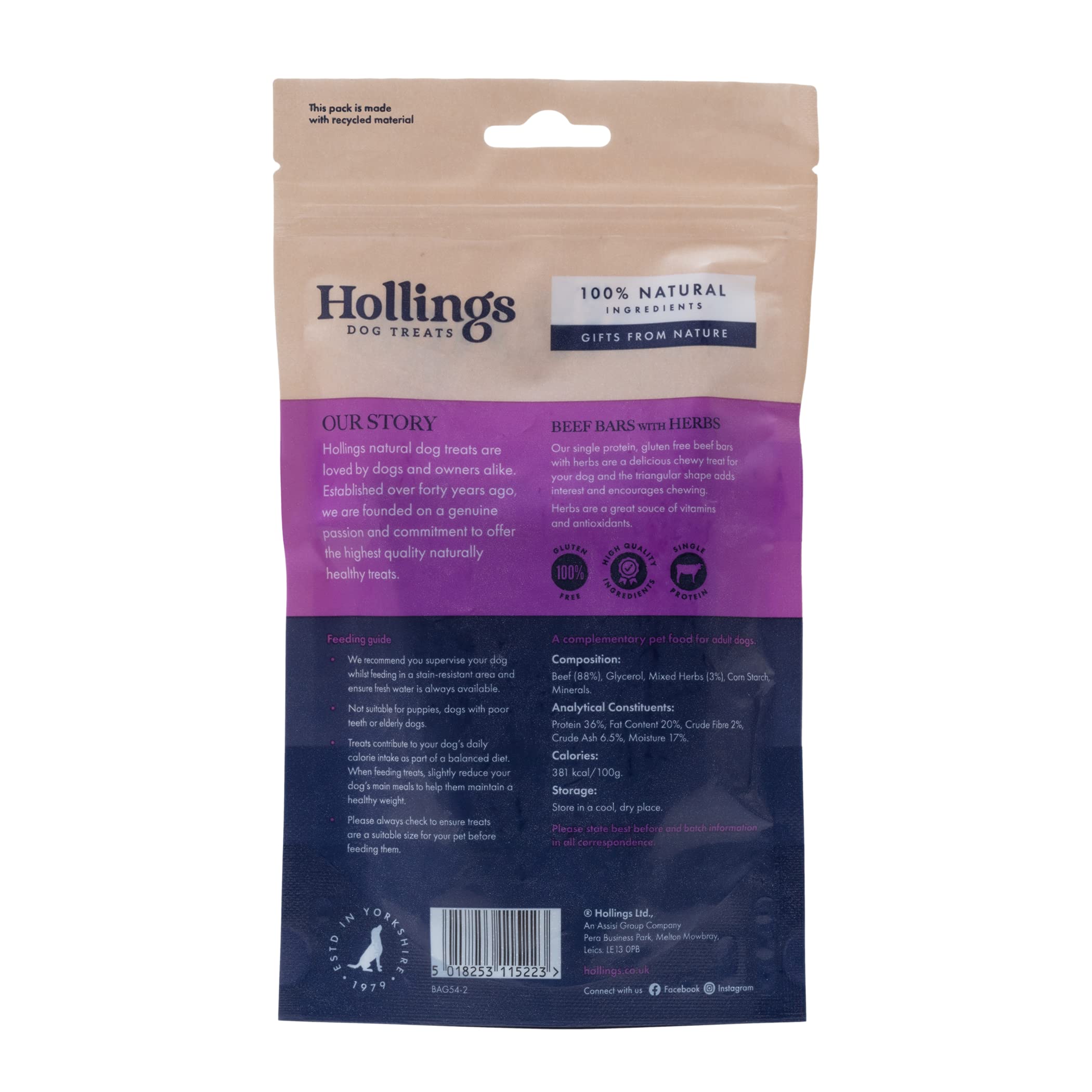 Hollings Barras de Carne de Res con Hierbas para Perros, masticables 100% Naturales y nutritivos para Perros Adultos, 100% sin Gluten y con Alto Contenido de proteínas, Paquete de 1 (7 Piezas)