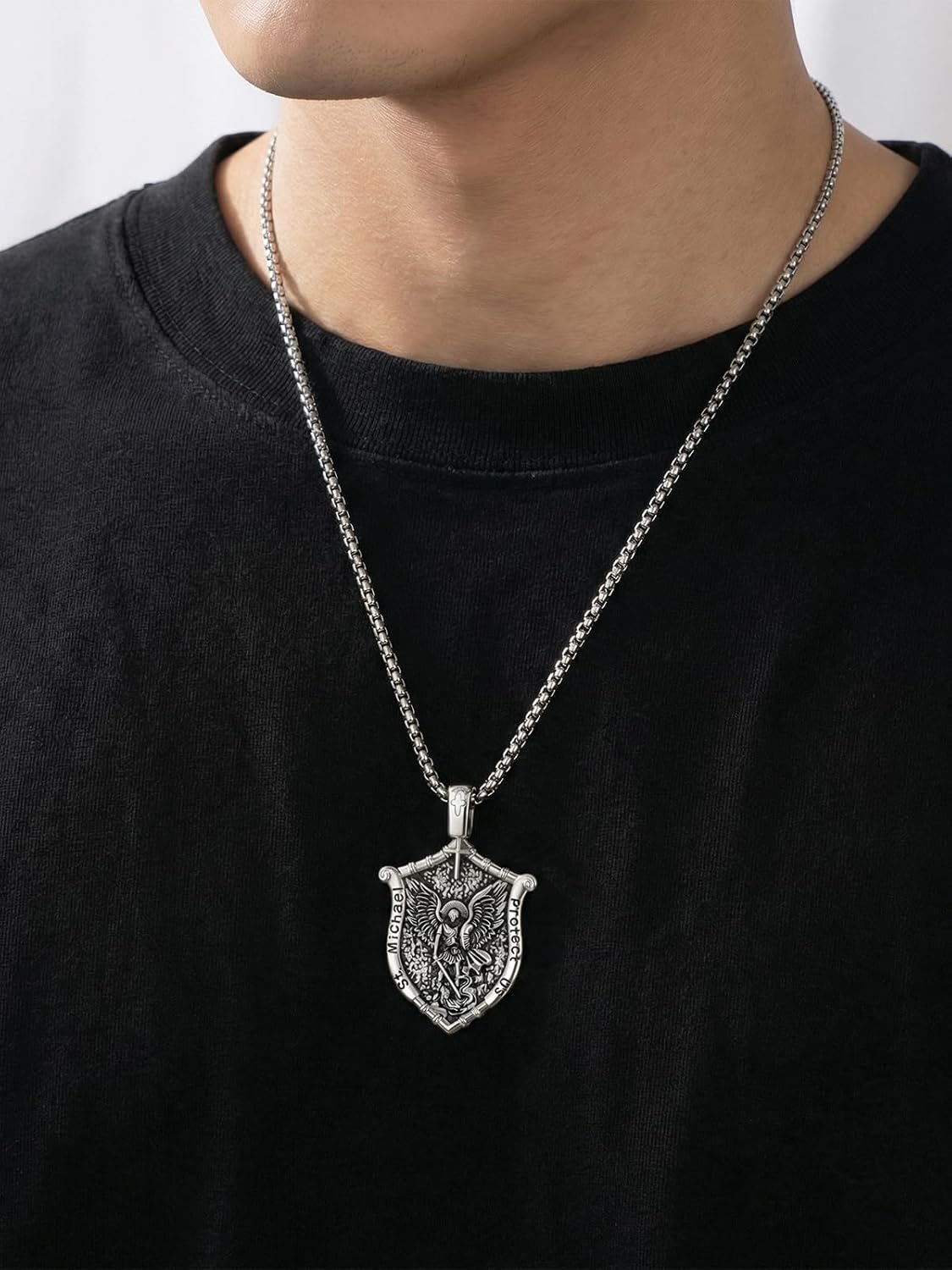 Valentines Day Gifts for Him Saint Necklace for Men Women, Pray Saint to Protect Us Amulet, Religious Jewelry Anniversary Birthday Gifts for Son Dad Husband Boyfriend Police - Image 2