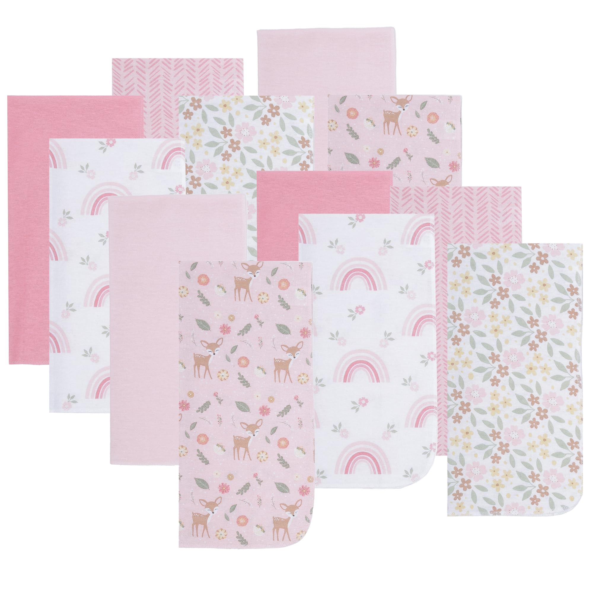 EVERYDAY KIDS 12 Pack Burp Cloths for Baby Girl; Newborn Essential with - Large Absorbent Cotton Flannel Pink Burping Cloths for Babies with Woodlands