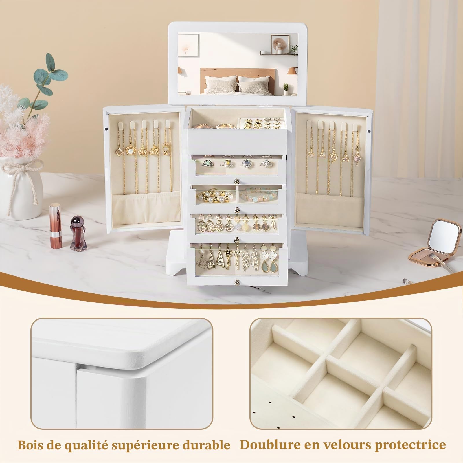 Grande coffret et organiseur de bijoux pour femme, rangement à bijoux en bois avec 4 tiroirs transparents, convient pour ranger colliers, bagues, bracelets, boucles d'oreilles（Blanc）
