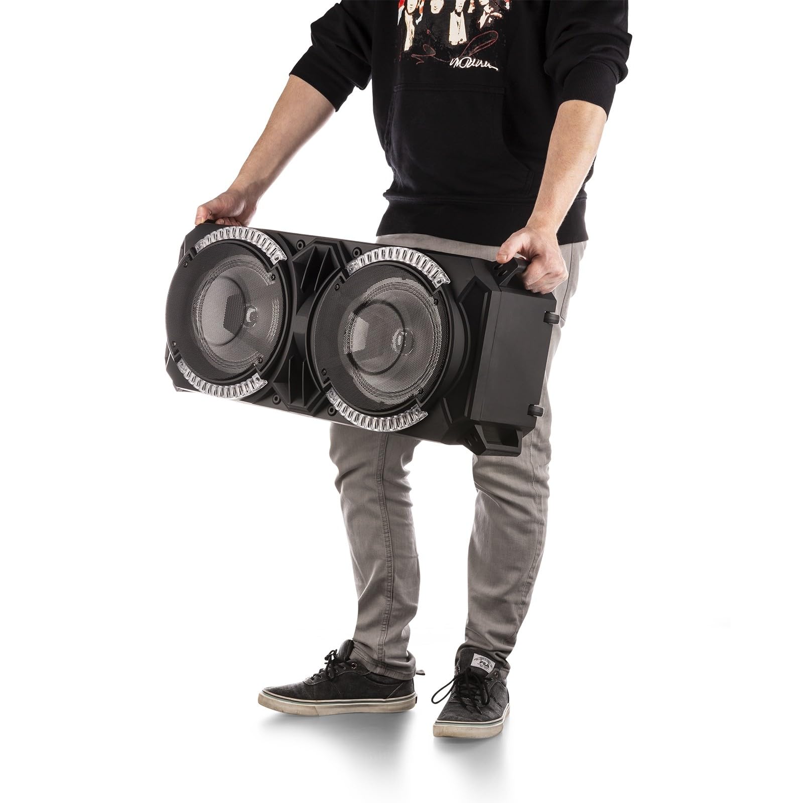 Fenton LIVE280 Enceinte Karaoke LED 2X 8”, 900W Max, 2 Microphones, Trolley et roulettes, Eclairage LED en Façade on/Off, USB et Micro SD, AUX, Connexion Bluetooth 5.0, sur Batterie ou Secteur