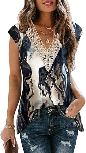Miniatura 2 de Camisetas de verano para mujer, camisetas de manga casquillo, blusa casual con cuello en V, encaje y estampado floral, ajuste holgado