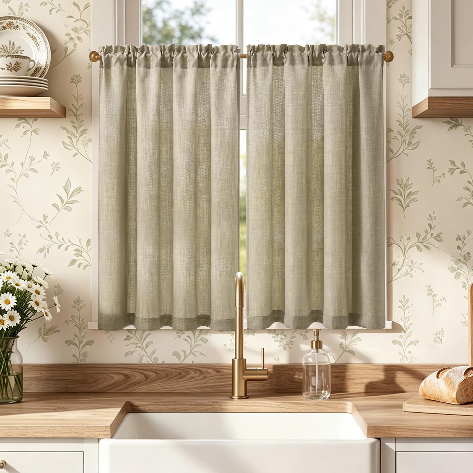 TOPICK Beige Kitchen Curtains 36 Inch Drop, Small Cafe Curtains, W36 xL36