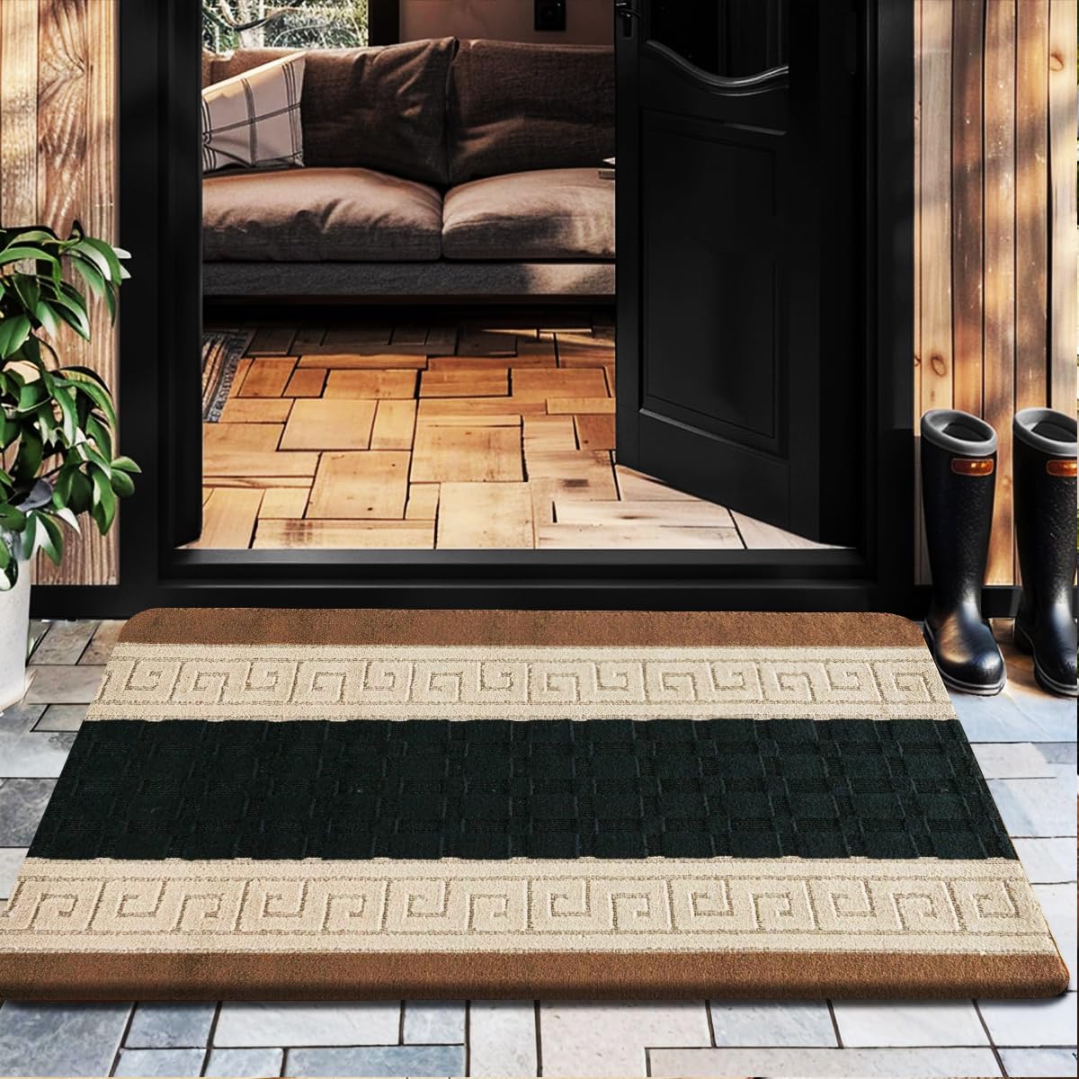 PHP Gel Back Non-Slip Washable Large Entrance Doormat |60 x 110 cm Outdoor and Indoor Dog Muddy Paws Floor Protector, Hallway, Bath and Kitchen - Black Beige