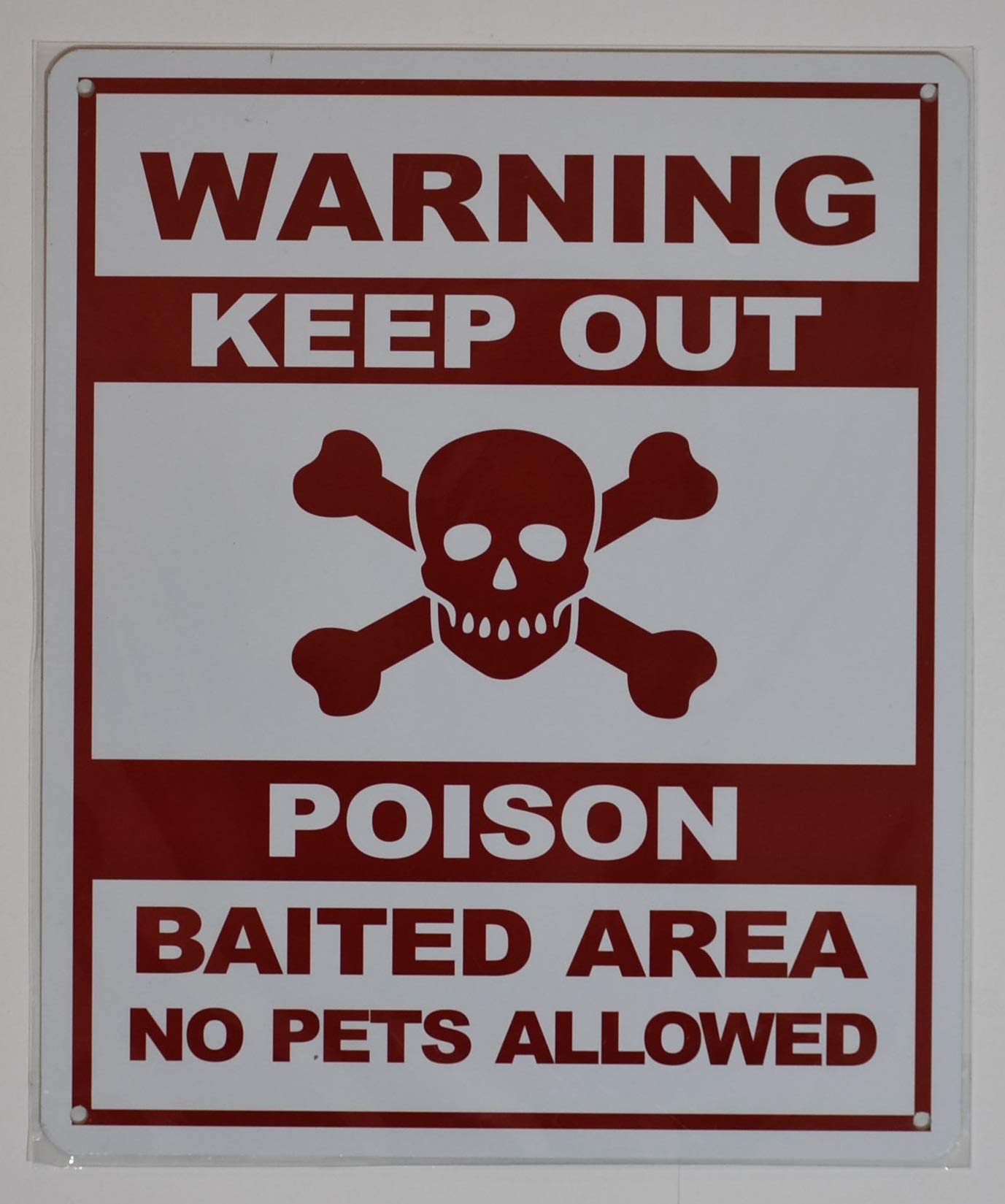 Warning Keep Out Poison Baited Area No Pets Allowed Sign (White, Rust Free, Aluminum, Size 12X10 Inch, Come With Symbol,W)