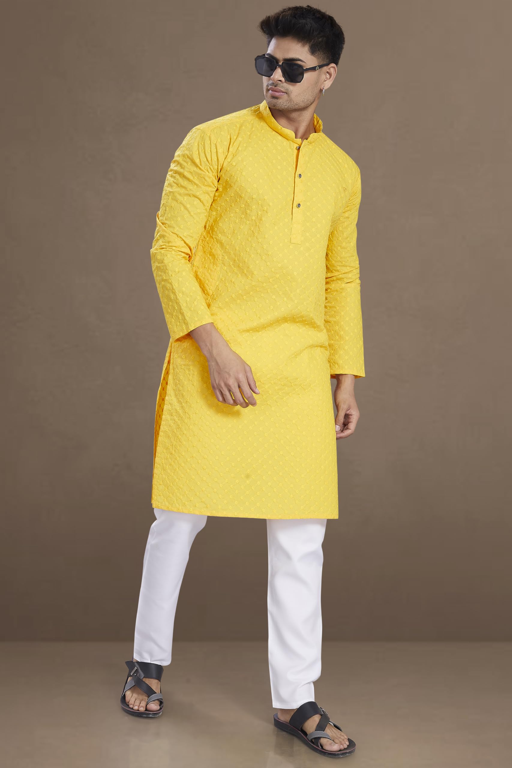 Divisive Men's Thread Embroidered Cotton Only Slim Fit Kurta (Dkrt638_S_Yellow)