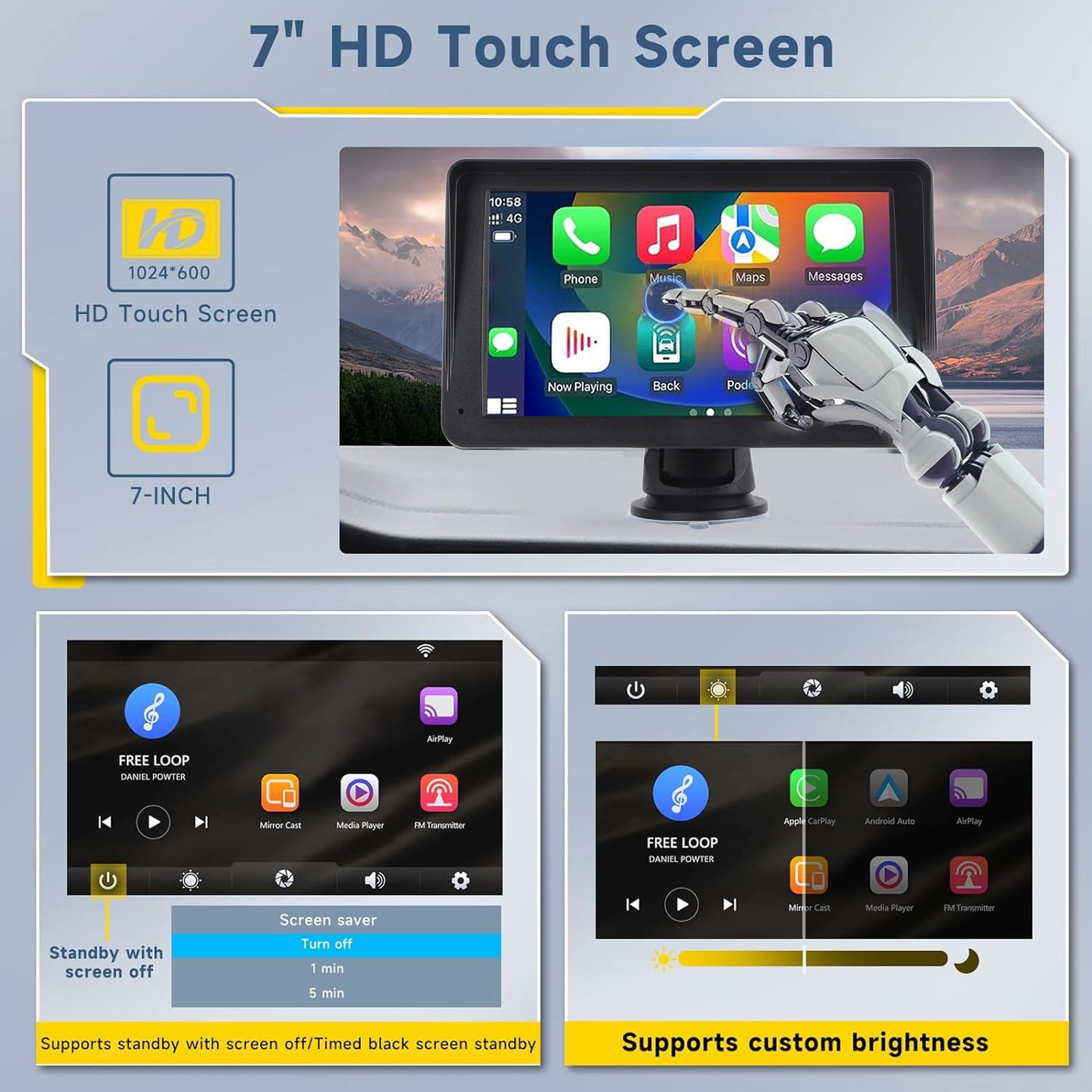Przenośne Samochodowe Stereo, 7-calowy Bezprzewodowy Ekran Dotykowy HD CarPlay Android Auto Dwudinowe Radio Samochodowe z BT5.0, kamerą Cofania, GPS, Mirror Link, Głosem, FM