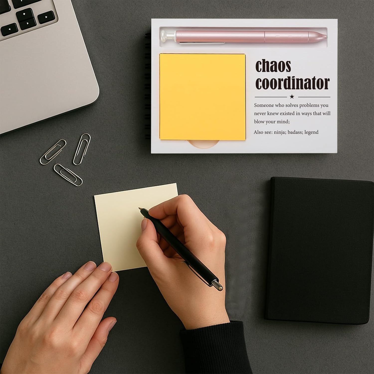 Chaos Coordinator Sticky Note Holder for Desk, Funny Office Gift for Coworker, Assistant, Teacher, Boss, Project Manager, Self-Stick Note Pad Organizer with Humor Quote for Women Men EDP227