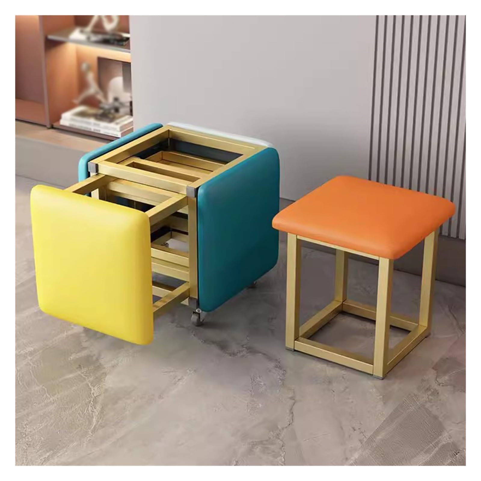 WDSOPK 5 in 1 Nesting Ottoman Cube Chair with Swivel Casters Stackable Sofa Chair Nesting Ottoman Stool Movable Footstool Dressing Chair for Living Room（Gold）