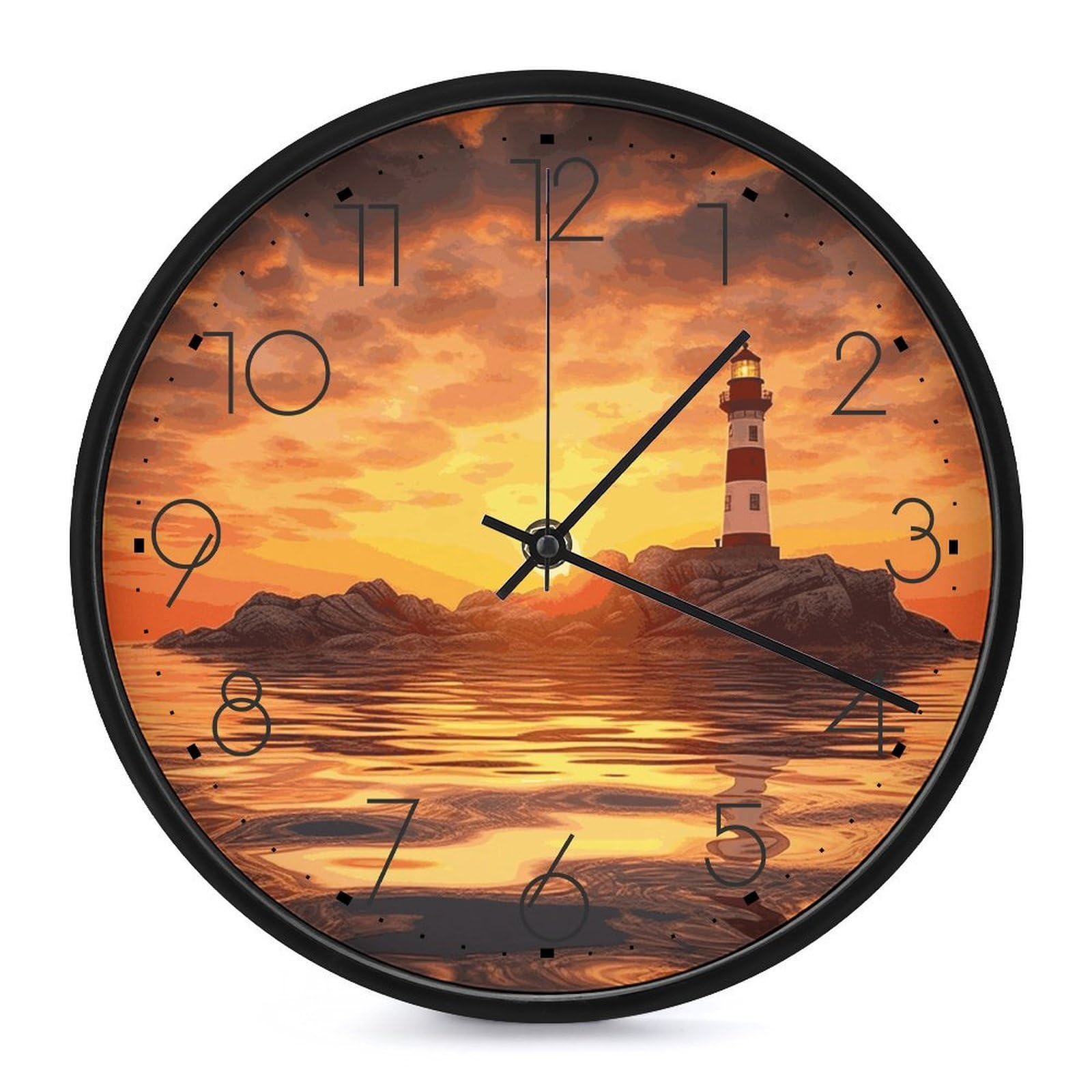 Adfgyerh Black-Style Sea Lighthouse In Sunset Clock，9.8 Inch Battery Operated Wall Clock Classic Simple, Decorative Wall Clock.analog Clock For Kitchen Office Bathroom Bedroom.
