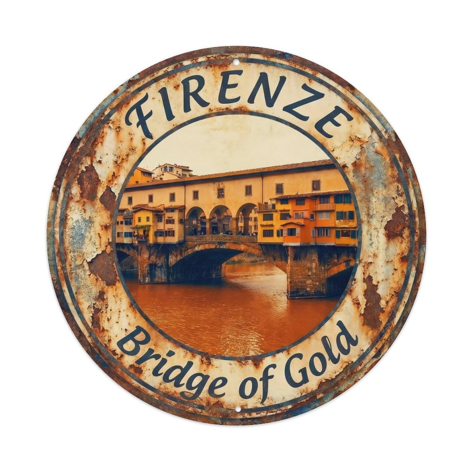 Vintage Travel Florence Ponte Vecchio Bridge Metal Tin Sign Plaque Wall Decor for Cafe, Club, Garden Round Metal Poster 8x8Inch