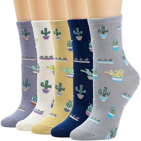 5 Pairs Cute Patterned Warm Crew Succulent Socks For Women