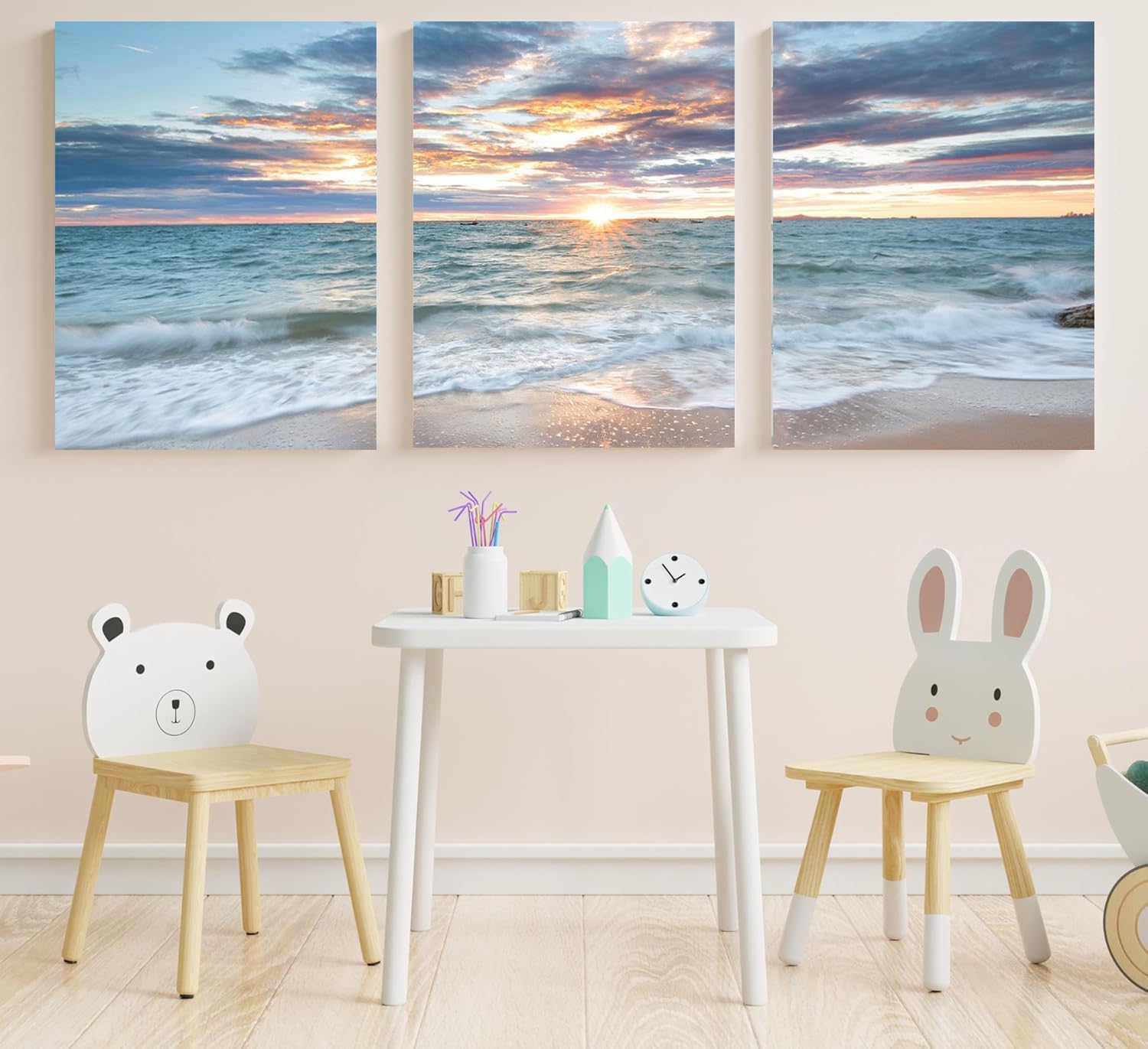Yxbhhym Bathroom Decor Beach Sunset Wall Art Ocean Print Art Coastal Canvas Wall Decor 3 Panels Framed Picture Landscape Painting for Modern Living Room Bedroom Office Artwork Home Decorations