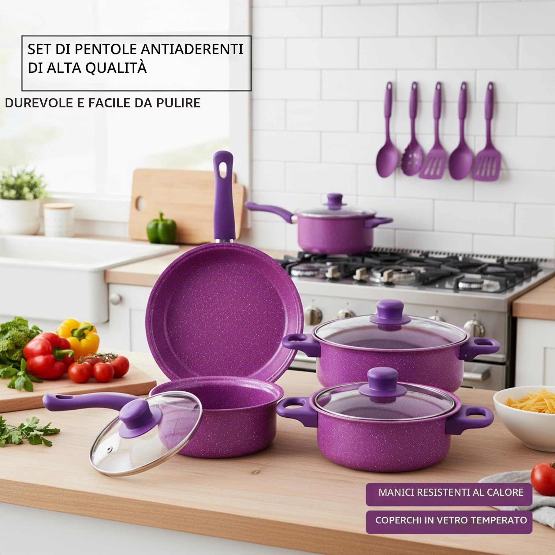 Set di pentole antiaderenti, pentole e padelle antiaderenti da 13 Pezzi con Padella, pentolino per Il Latte e Utensili per la Cucina casalinga, Viola