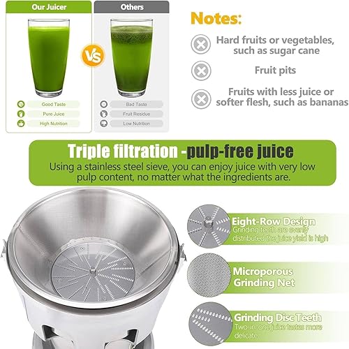 Miniatura 6 de Extractor de jugo comercial de alta velocidad 370W - 2800rmin Exprimidor eléctrico para frutas y verduras, máquina centrífuga duradera de acero