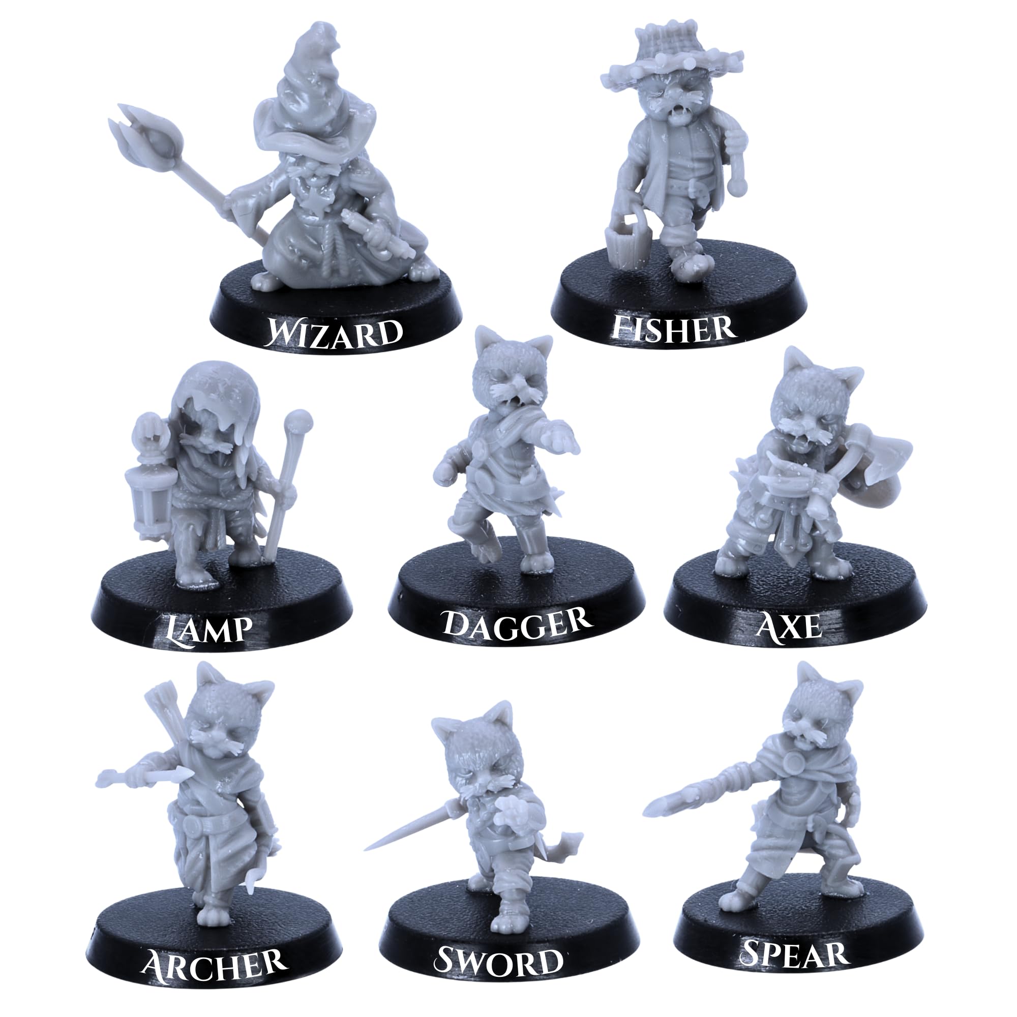 Forged Terrain Cat Folk Miniatures Set - 8 Cat Miniatures for Tabletop RPGs, Grey, 28mm Scale