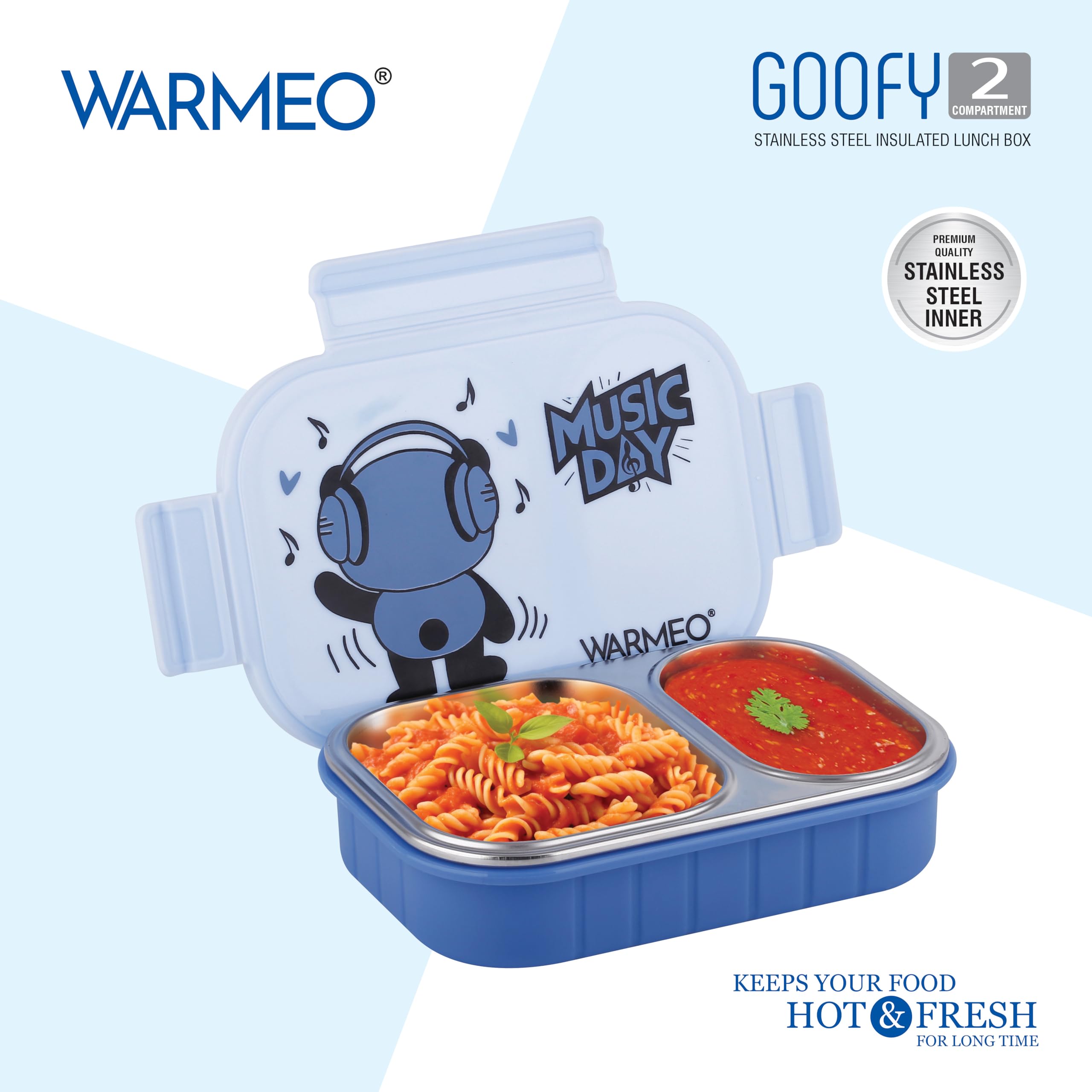 WARMEO Goofy Insulated Lunch Box with Two Compartment BPA Free, Kids Lunch Box,Food Grade Ideal for School, Picnic, Office & Outdoor - 500ml Blue, Stainless Steel — Amazon image 3