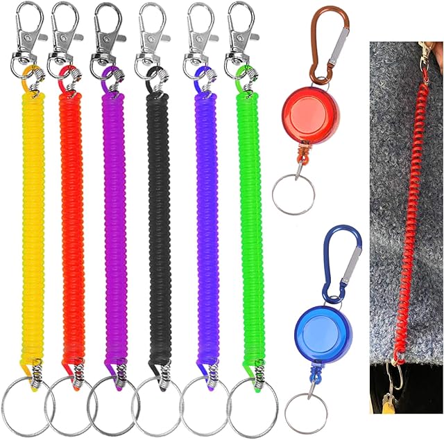 Stretchy Spiral Keyring, Camelize 6PCS Anti-Lost Plastic Spiral Keyring with Retractable Keyring and Carabiner, Theftproof Key Chains for Men, Keychain for Keys Wallet Phone Backpack Fishing Tool