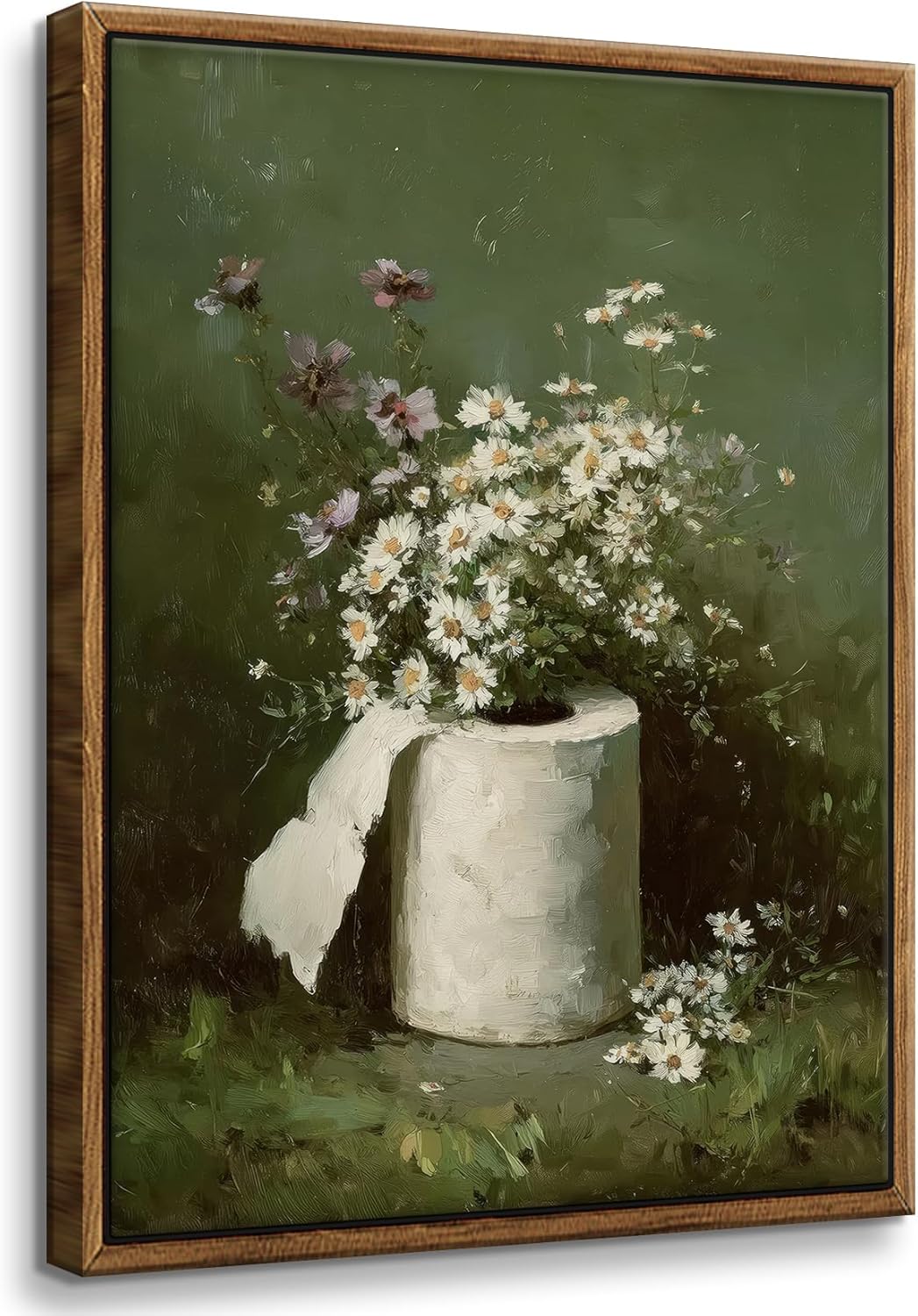 Framed Funny Bathroom Wall Art Vintage Toilet Paper Floral Canvas Print Rustic Farmhouse Moody Botanical Flower Painting Poster Green Wildflower Toilet Decor Picture for Bathroom Washroom 12x16 Inch