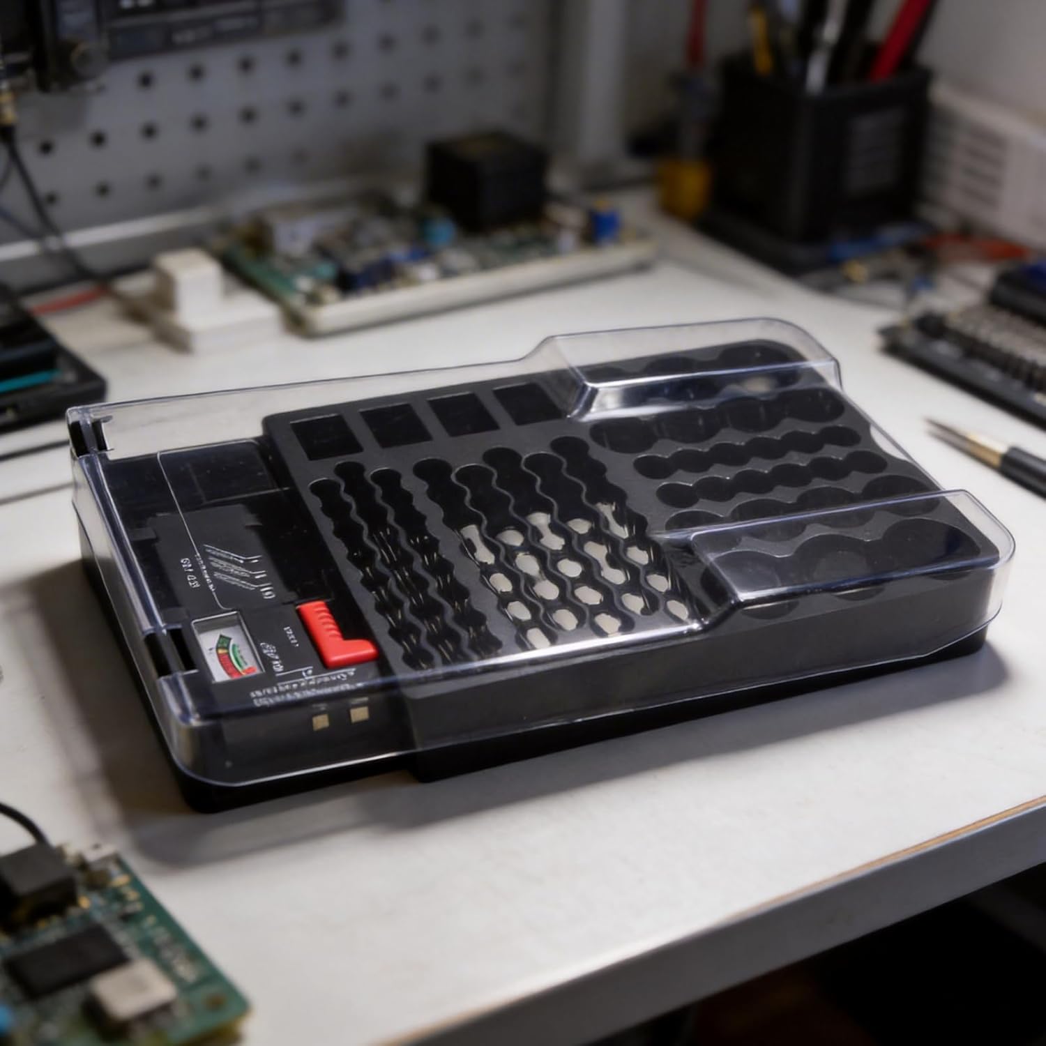 Black ABS Battery Storage Box with 93 Compartments and See Through Hinged Lid for Easy Access