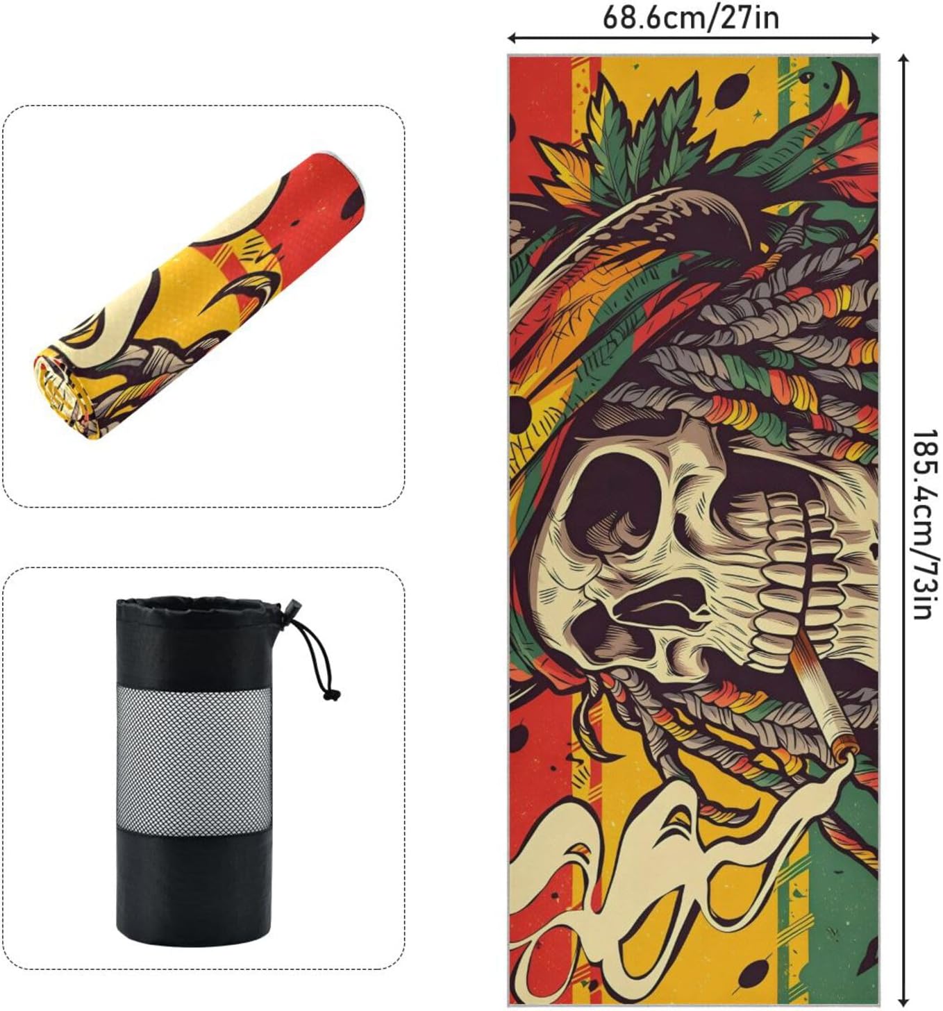 Skeleton Hat Color Yoga Mat Towel with Silicone Grip Dot – 73"x27" Non-Slip Sweat Absorbent Microfiber Yoga Towel for Home Gym Studio