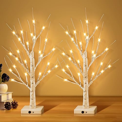 HIGAHY Paquete de 2 árboles de abedul iluminados, árbol de ramitas de abedul con luces, blanco cálido, 24 pilas LED, alimentadas por USB, para
