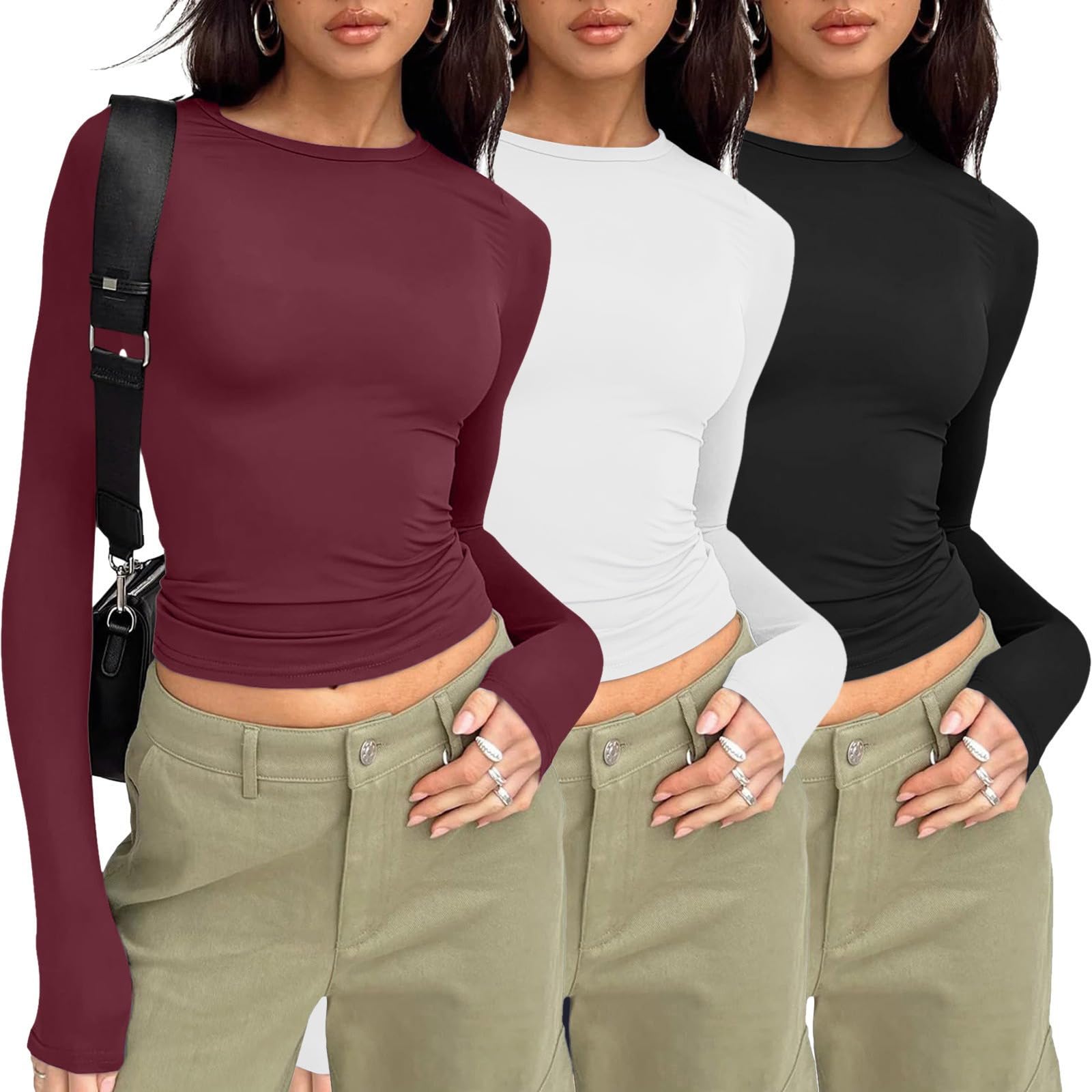 3er Pack T-Shirt Damen Rundhals Tshirt Eng Damen Basic Y2k Top Einfarbig Shirt Kurzarm/Langarm Slim Fit Tshirts