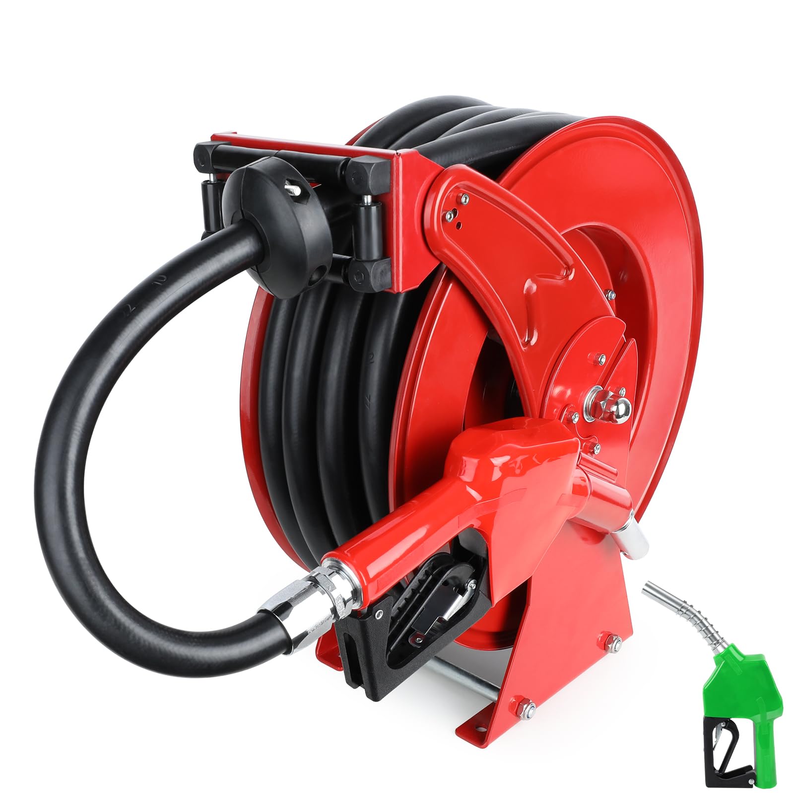 Fuel Hose Reel, 3/4" x 50FT Extra Long Diesel Reel with Fueling Nozzle, 300 PSI Industrial Auto Swivel Rewind Fuel Retractable Diesel Hose for Vehicle Tank Truck Trailer Ship, Red