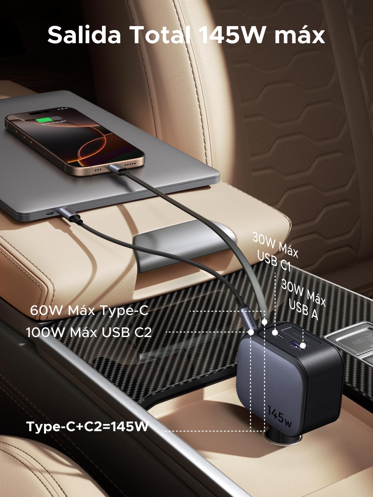 UGREEN 145W Cargador Coche Retráctil Carga Rápida, Car Charger USB C 4 Puertas con Cable Retractil, Compatible con iPhone 17 Pro MAX Air/iPhone 16/15/14, Galaxy S25/24, Pixel 10/9, MacBook, iPad Pro