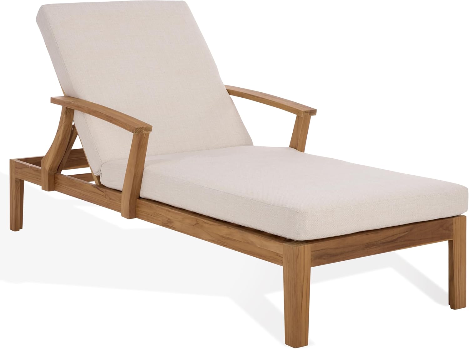 SAFAVIEH Couture Outdoor Patio Furniture Collection - Martinique Chaise Lounge Chair, Natural Teak Solid Wood with Removable White Cushions (CPT1066H)