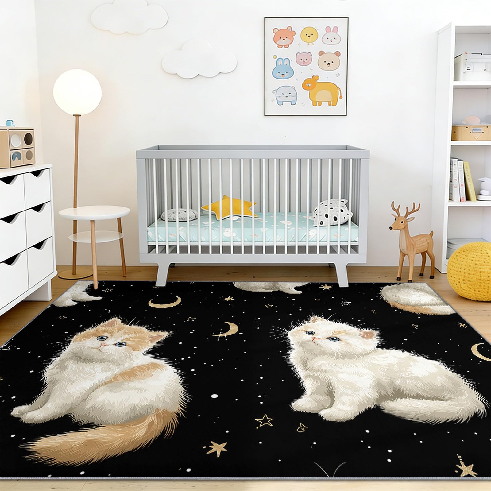 Tappeto per bambini con gatto mistico e stelle, antiscivolo, nero, lavabile, 160 x 230 cm